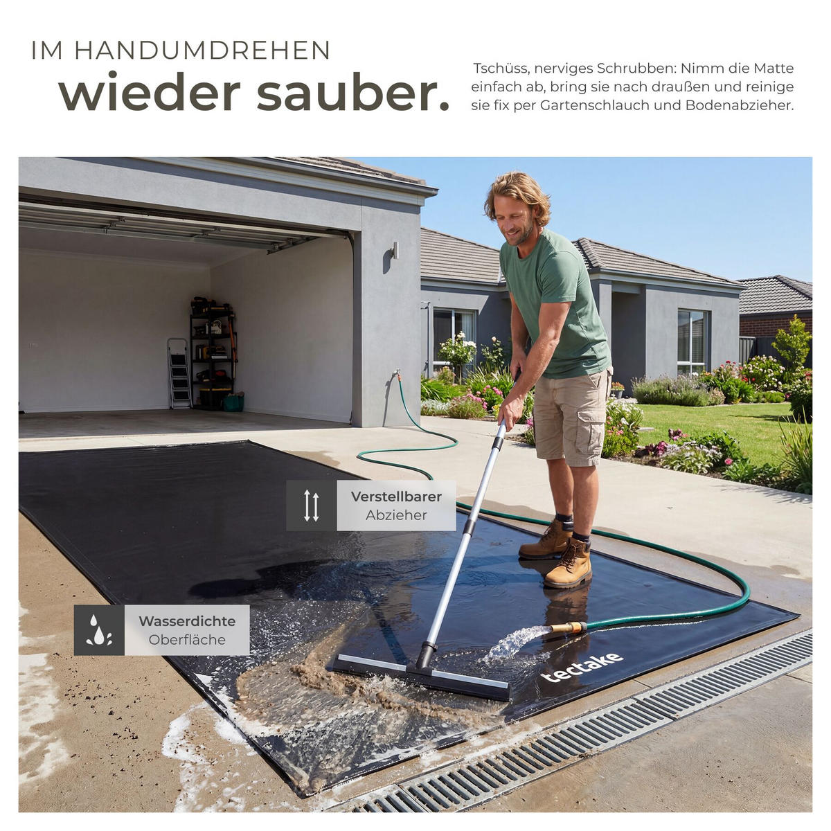 GARAGENBODENMATTE , inklusive ausziehbarem Abzieher, schwarz - Schwarz, Kunststoff (260/610cm) - tectake