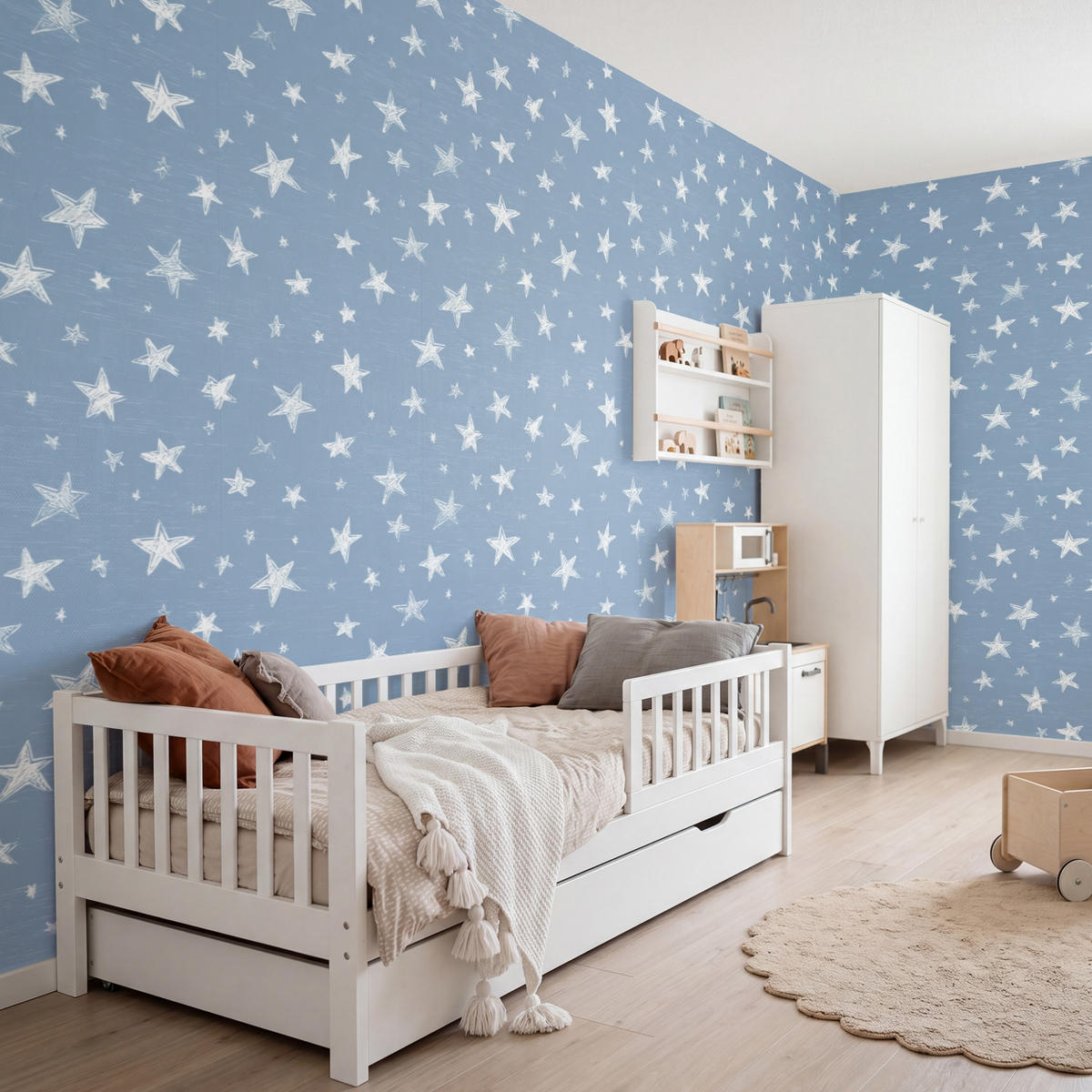 KINDERTAPETE - Sterne - Muster - Blau - 450x240 cm - Hellblau, Papier (450/240cm) - OnlyWow