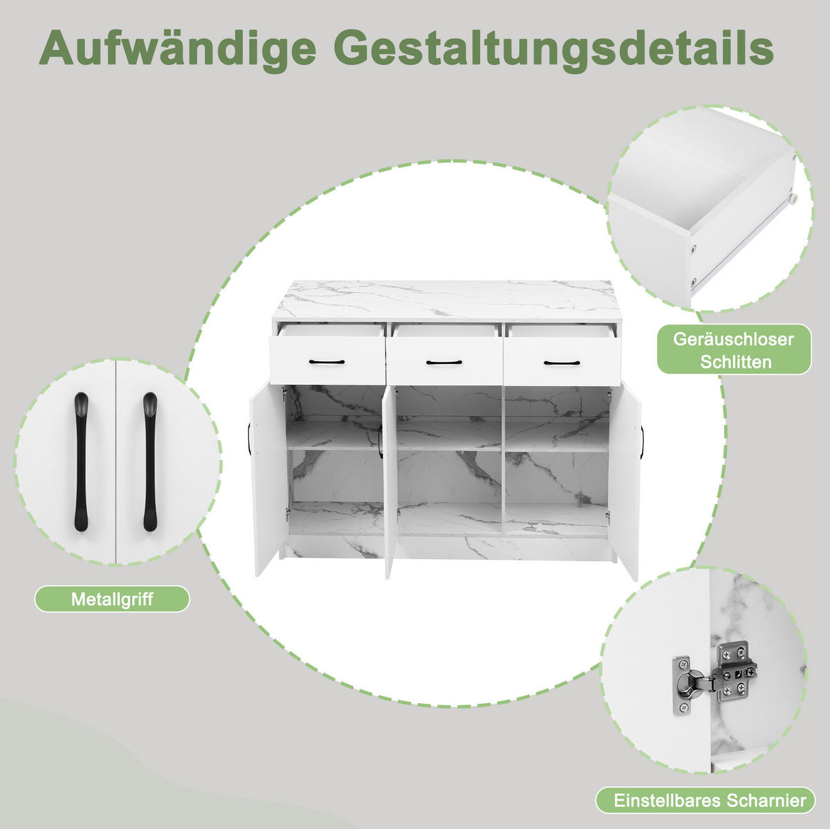 KÜCHENINSEL 120/60/90,5 cm mit Barbereich, 3 Schubladen und 3 Türen aus MDF, Weiß/Weiß Marmor - Weiß, Holzwerkstoff (120/90.5/60cm) - Redom