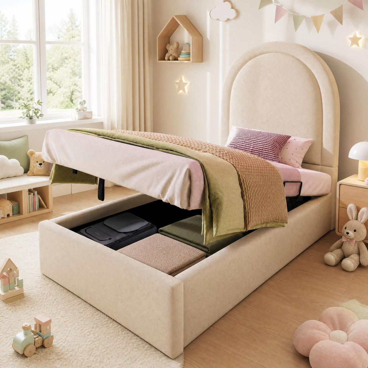 POLSTERBETT 90/200 mit Bettkasten für Jungen & Mädchen in Beige - Beige, Holzwerkstoff/Textil (90/200cm) - EVRYAE