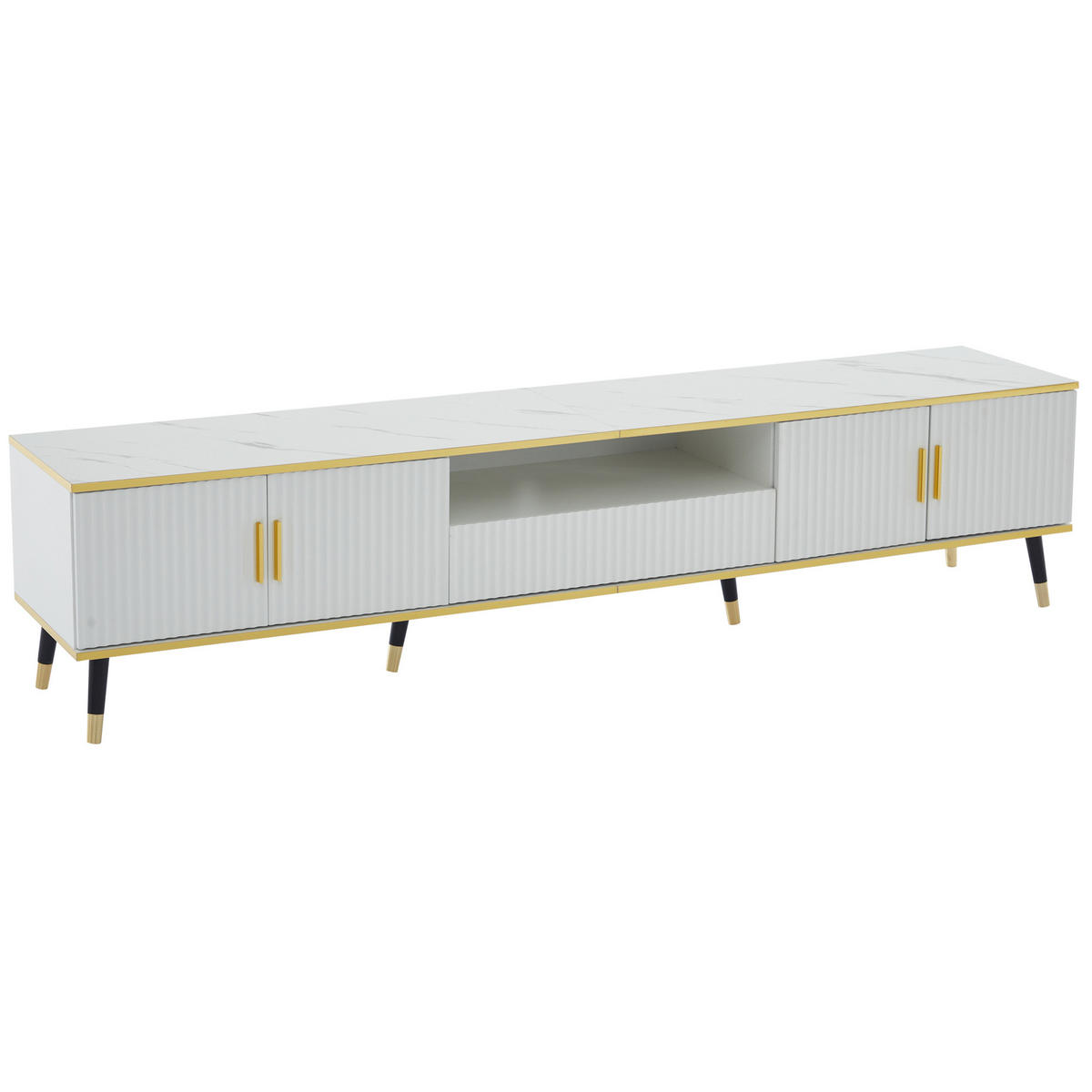 TV-BOARD aus Spanplatte 200x40x46 cm Weiß mit Kabelführung, 2 Türen, 1 Schublade und Marmoroptik - Weiß, Holzwerkstoff (200/46/40cm) - Modfu