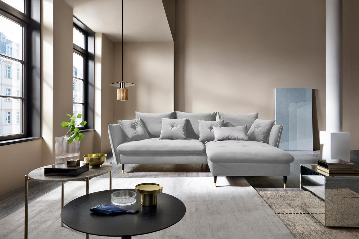 ECKSOFA GLAM mit Schlaffunktion, Ottomane & goldenen Füßen – Samtsofa im Glamour-Stil mit Zierkissen, 258x167x91 cm, rechte, hellgrau​ - Hellgrau, Holz/Textil (258/167cm) - DomoHome