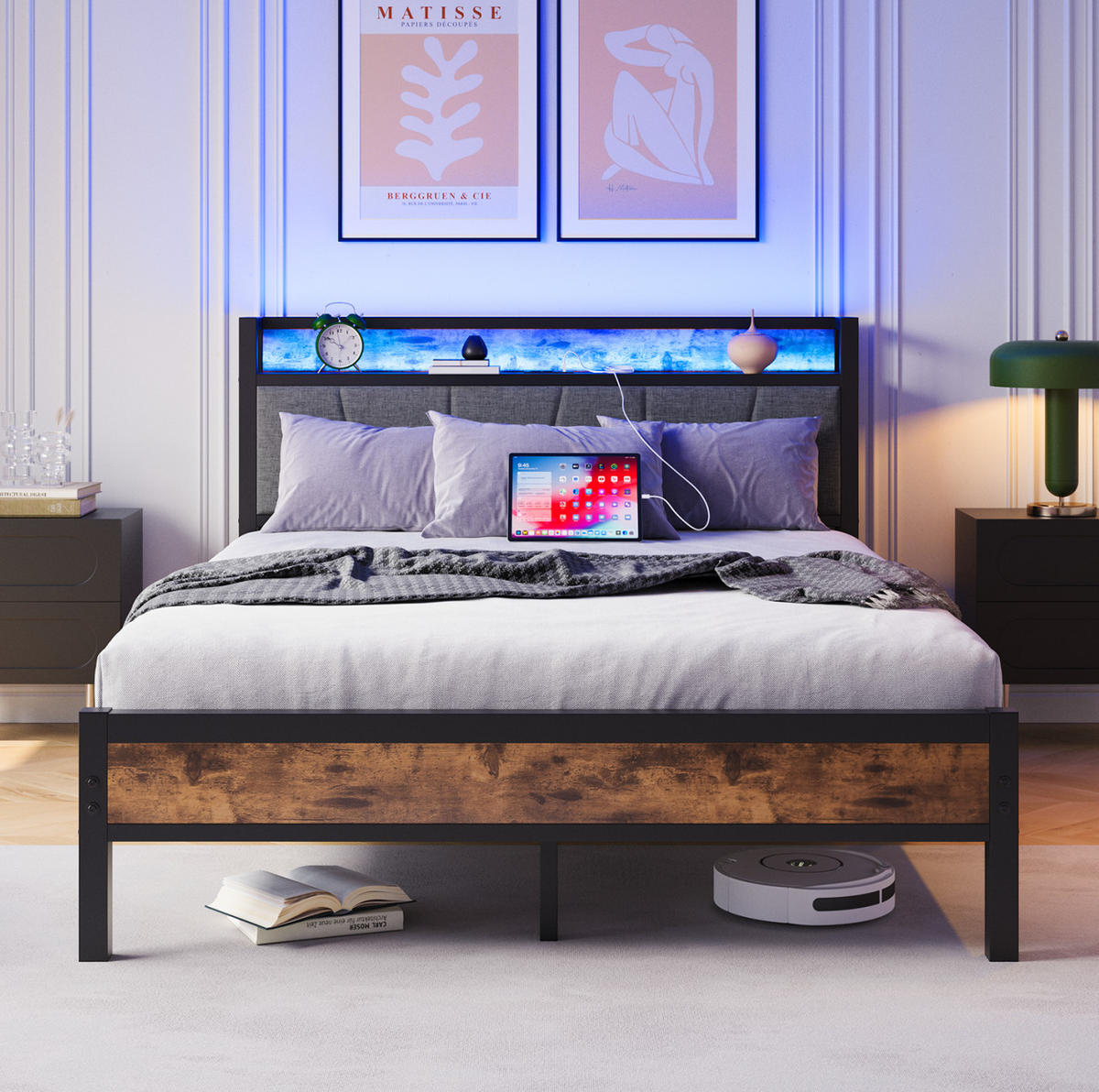 POSTEL 120/200 cm s LED osvětlením, USB a úložným čelem, tichá kovová konstrukce, Starožitná hnědá - červenohnědá, kompozitní dřevo (120/200cm) - Redom