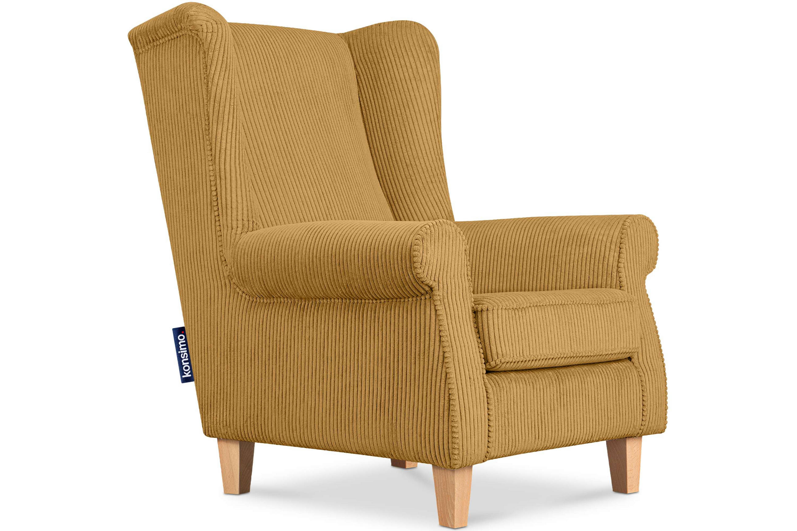 OHRENSESSEL MILES Kord-Bezug Petfriendly, gelb - Gelb, Holzwerkstoff/Buchenholz (82/105/97cm) - KONSIMO®