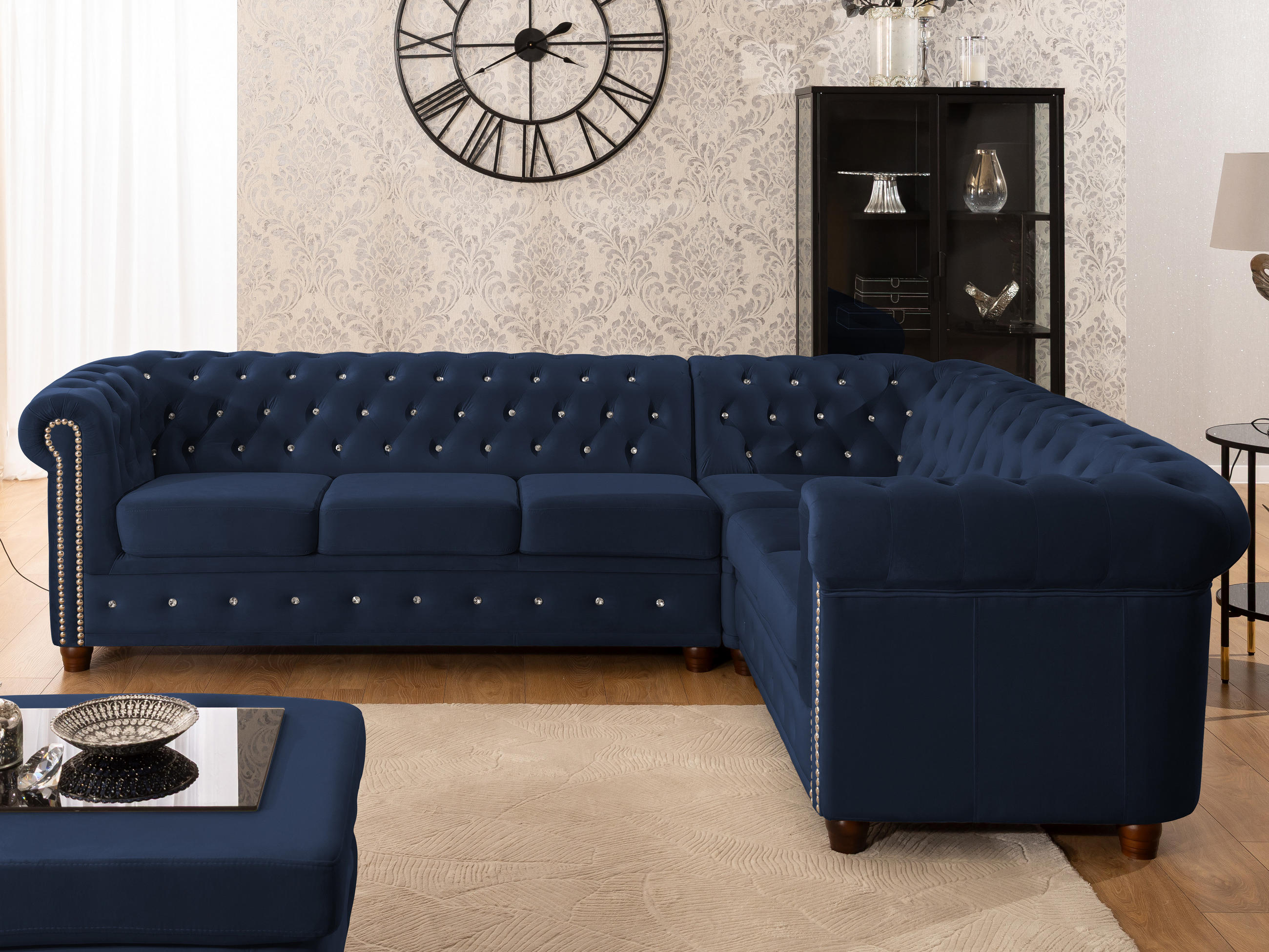 ECKSOFA Chesterfield Cleo Blink Marineblau Samt mit Kristallsteppung und braunen Massivholzfüßen - Ottomane Rechts - Blau/Braun, Holz/Textil (264/210cm) - S-Style Möbel