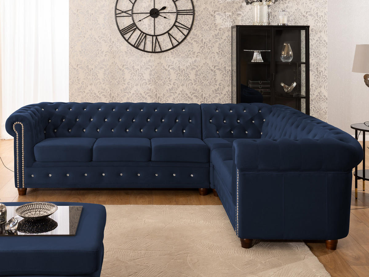 ECKSOFA Chesterfield Cleo Blink Marineblau Samt mit Kristallsteppung und braunen Massivholzfüßen - Ottomane Rechts - Blau/Braun, Holz/Textil (264/210cm) - S-Style Möbel