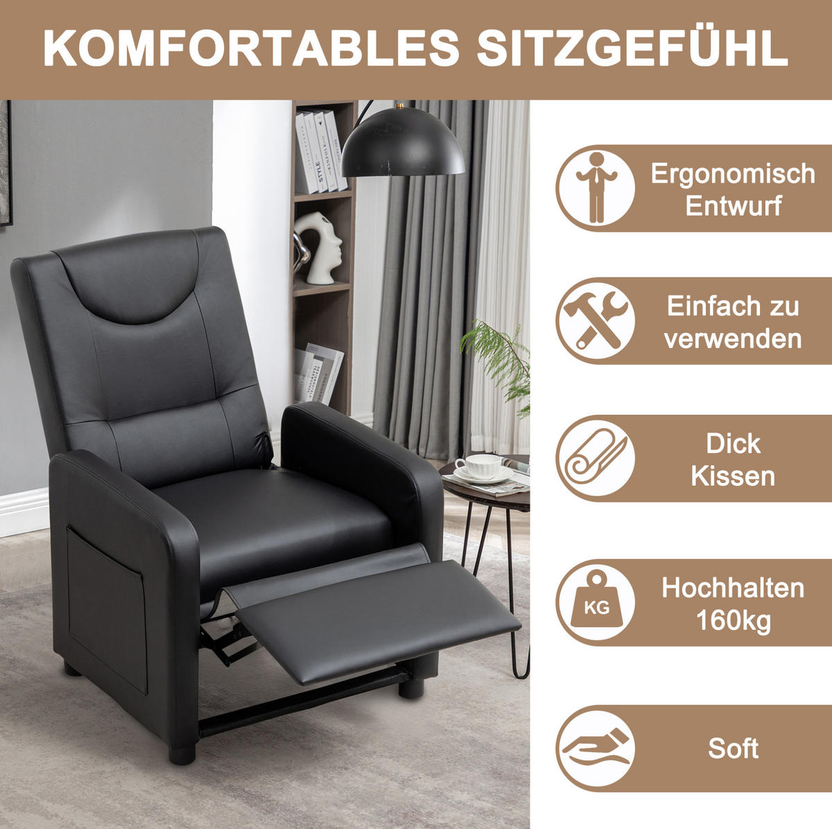RELAXSESSEL PU mit verstellbarer Rückenlehne, klappbarer Fußstütze 76,5/67,5/95,5 cm Schwarz - Schwarz, Kunststoff (67.5/95.5/76.5cm) - Redom