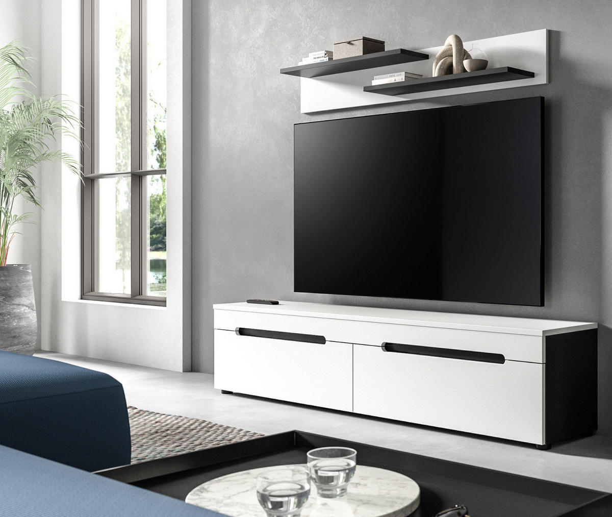 WOHNWAND weiß, grau mit TV-Lowboard hängend / stehend und Wandboard 170 cm, Cooper - Schwarz/Weiß, Holzwerkstoff/Kunststoff (170/180/33cm) - Inn.Furn