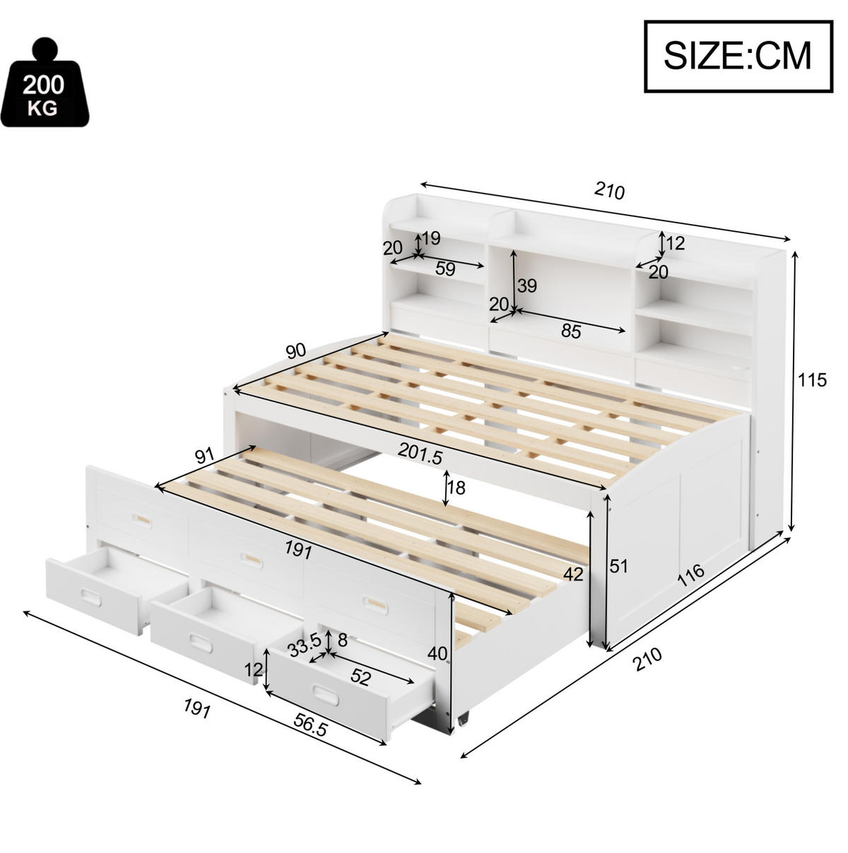 KREVET na izvlačenje 90/200 cm bijeli od iverala s LED rasvjetom, USB i 3 ladice - bijela, drvni materijal (90/200cm) - OKWISH