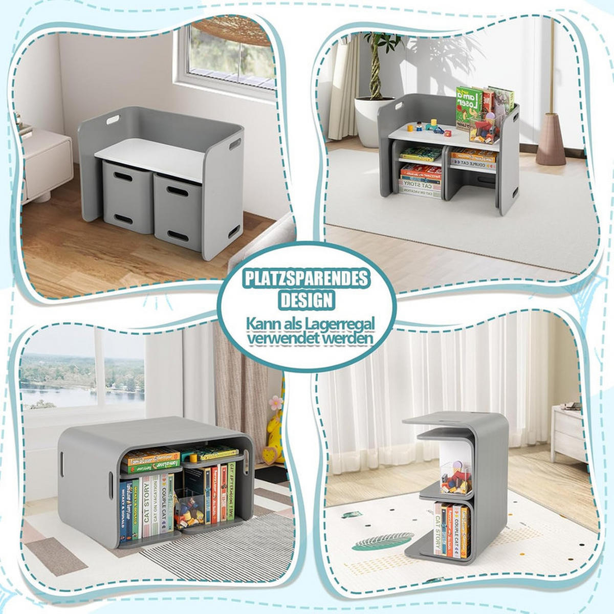 KINDERTISCH‑SET aus Birkenholz grau(3-tlg) - Grau, Holz (66/51/41cm) - COSTWAY