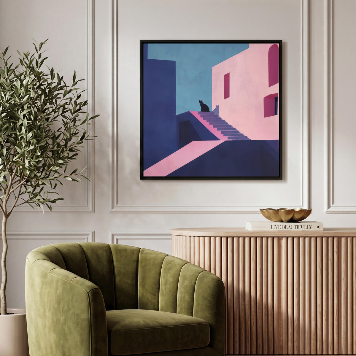 LEINWAND Bilder mit Rahmen - Katze - Treppe - Gebäude - Schattenkontraste - 50x50 - Dunkelblau, Textil (50/50cm) - MuchoWow