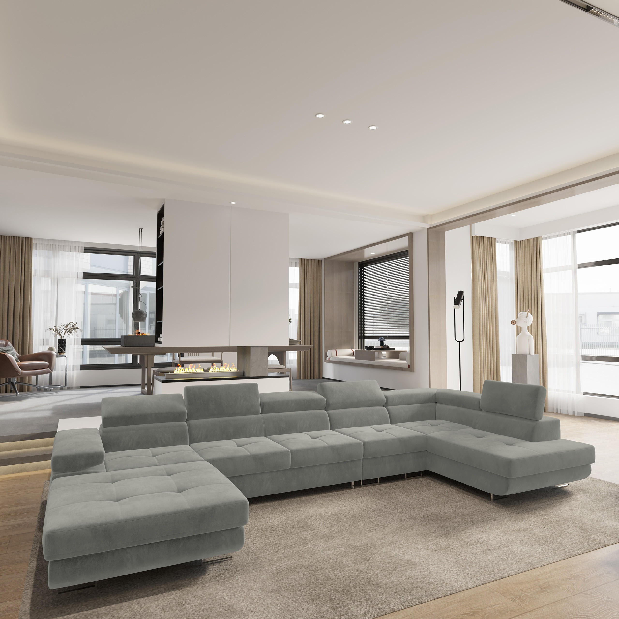 WOHNLANDSCHAFT VELORA R-S Hellgrau Velours-Stoff mit Schlaffunktion - Hellgrau, Holz (419/90/202cm) - MASSENO