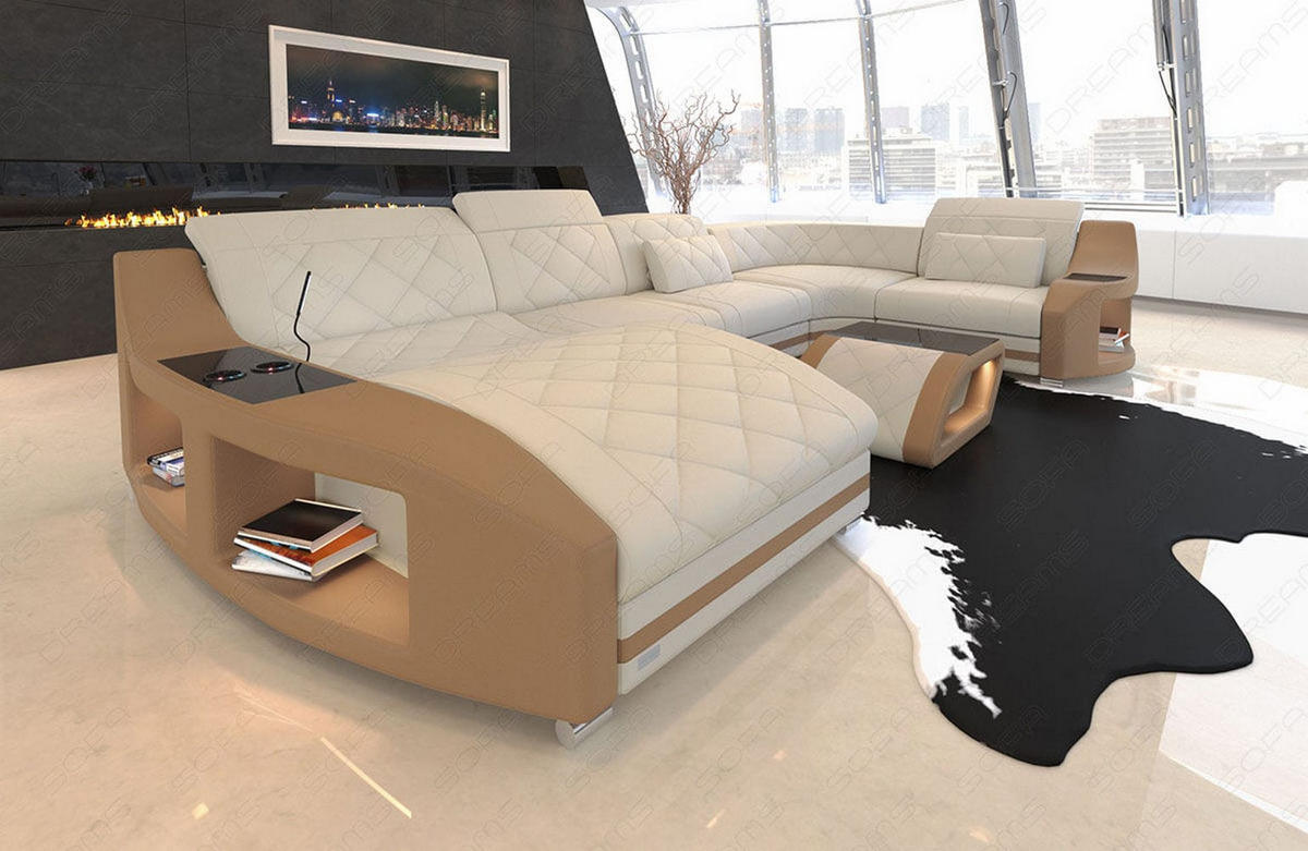 WOHNLANDSCHAFT Stoff Sofa Swing U Form Elfenbein Sandbeige Mikrofaserstoff - Sandfarben, Kunststoff (404/90/220cm)