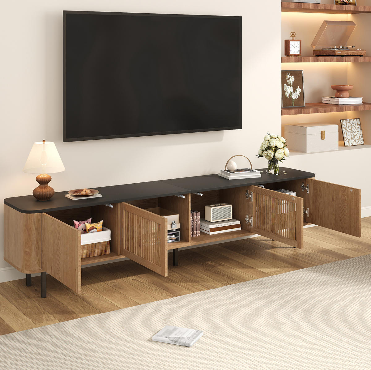 TV ormarić od MDF-a i iverice 190x35x45 cm hrast s rešetkastim vratima, pretincima i metalnim nogama - smeđa, drvni materijal (190/45/35cm) - Modfu