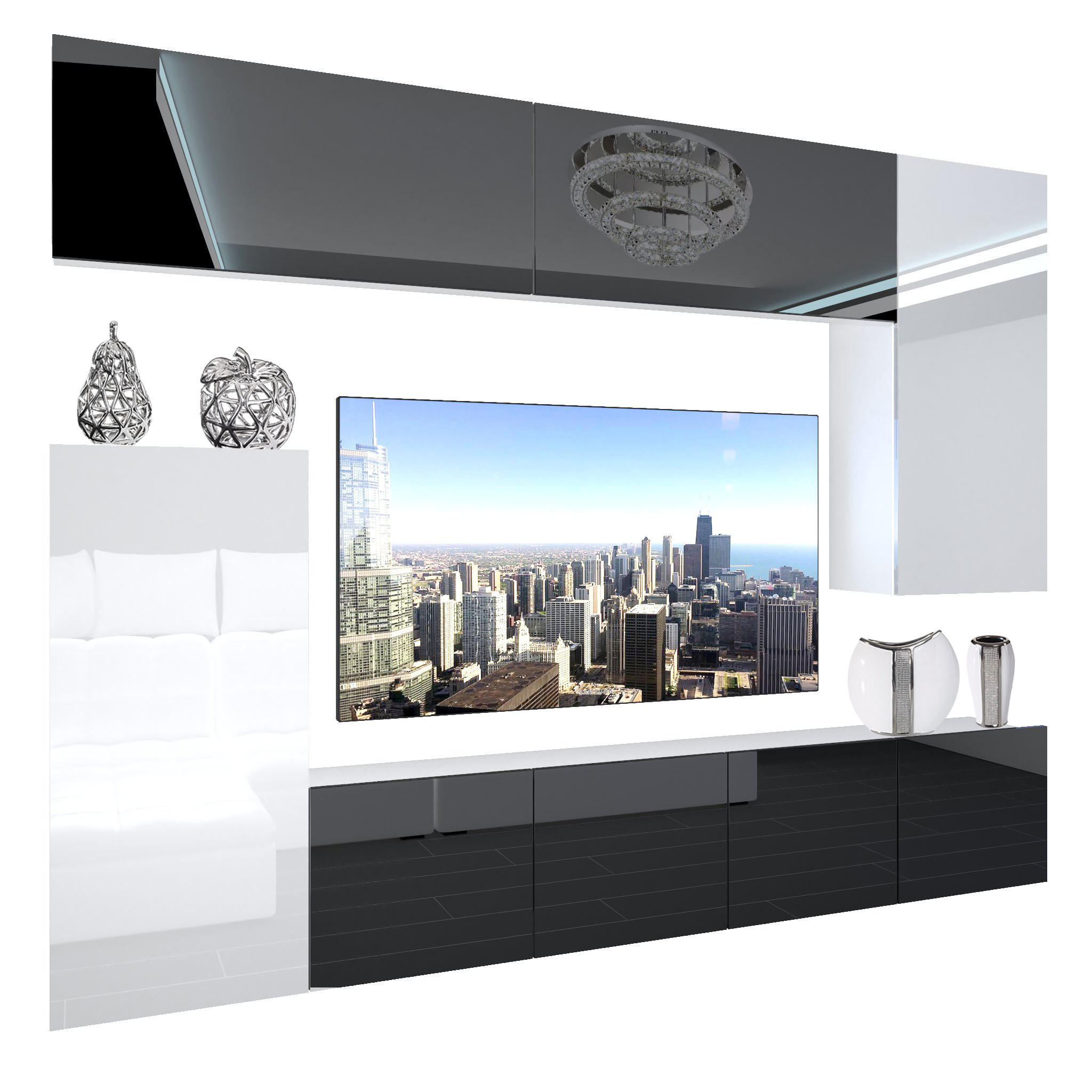 WOHNZIMMERWAND Schrankwand mit LED Schwarz / Weiß - Schwarz/Weiß, Holz (250/180/36cm) - B BELINI GROUP