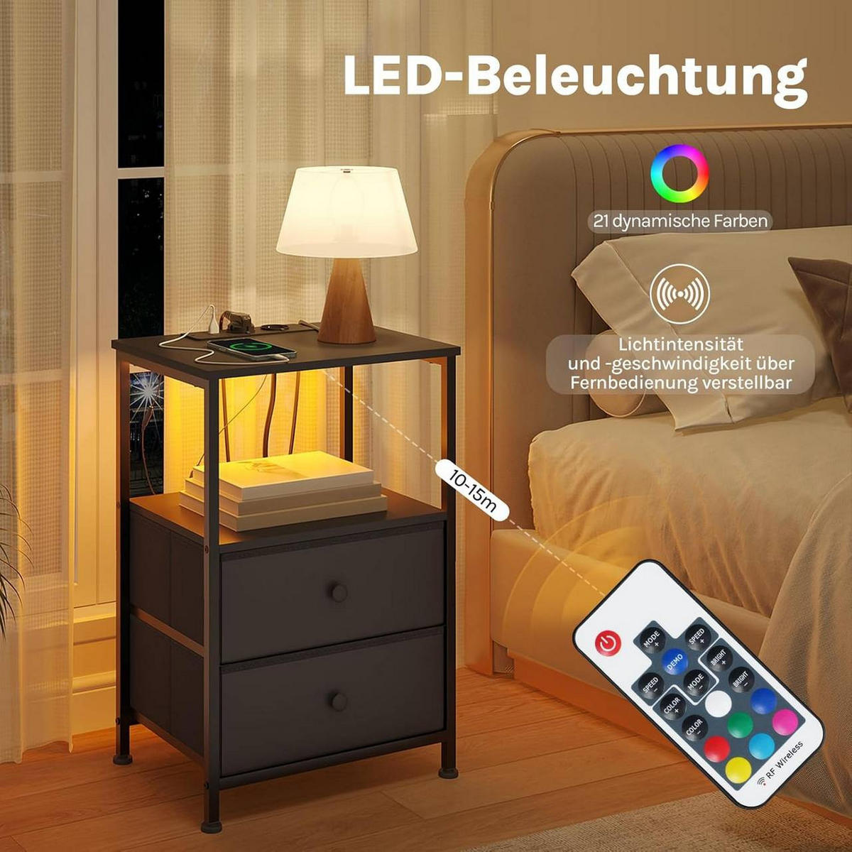 NACHTTISCH 2er Set, mit Ladefunktion, 2 Schubladen, Schwarz - Schwarz, Holzwerkstoff/Textil (40/60/30cm) - Woltu