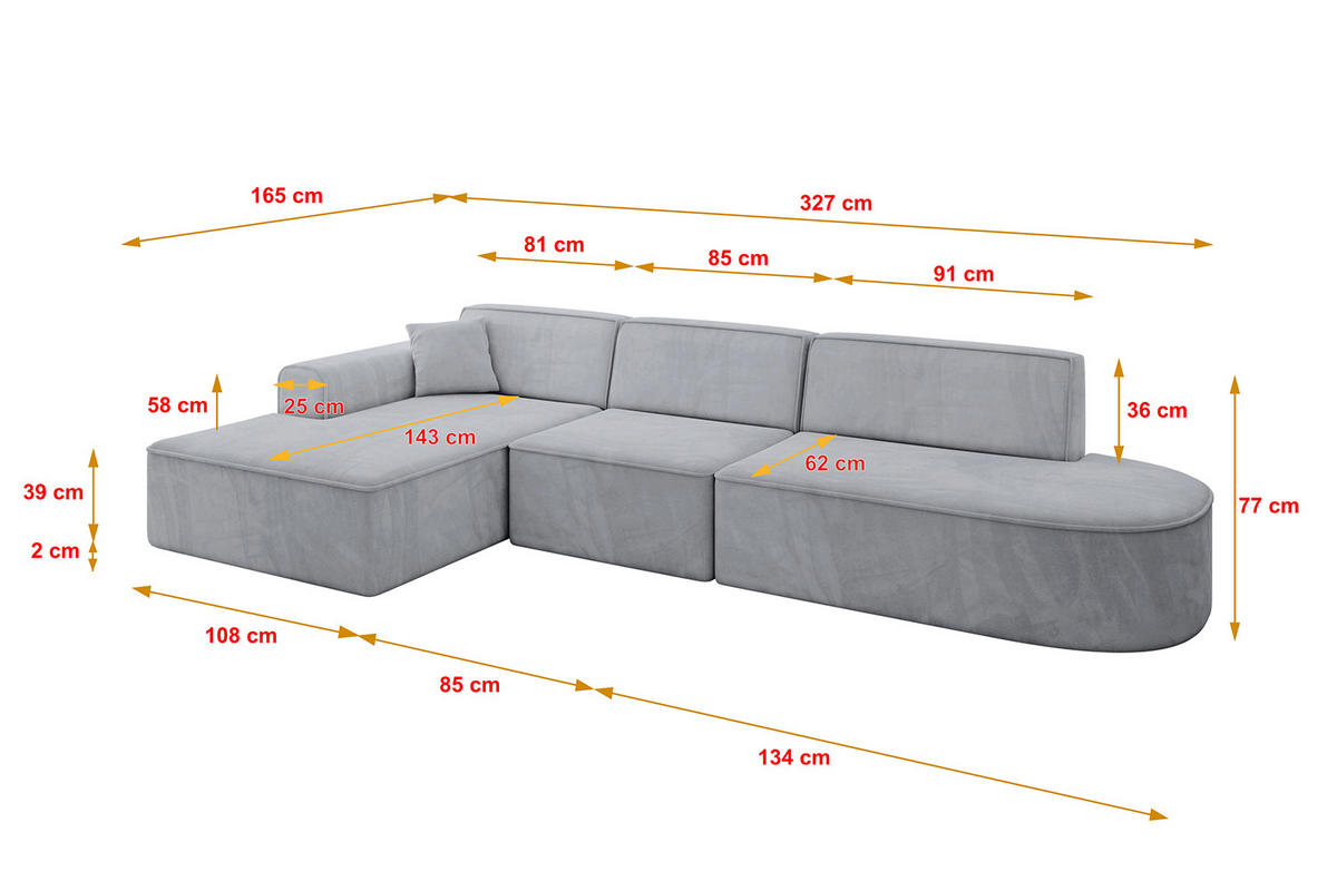 ECKSOFA Ottomane Links IREA-L2-v3 - 327x165x77 cm Grau - Titanfarben, Holzwerkstoff/Textil (327/165cm) - ALTDECOR