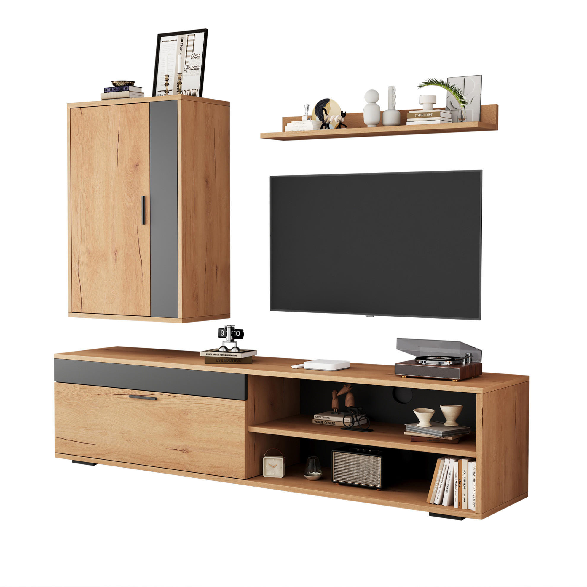 TV-MÖBEL-SET aus Spanplatte 140x35x39 cm Eichefarben/Schwarz mit Wandschrank und Wandregal, Soft-Close und Stauraum - Naturfarben, Holzwerkstoff (140/39/35cm) - Modfu