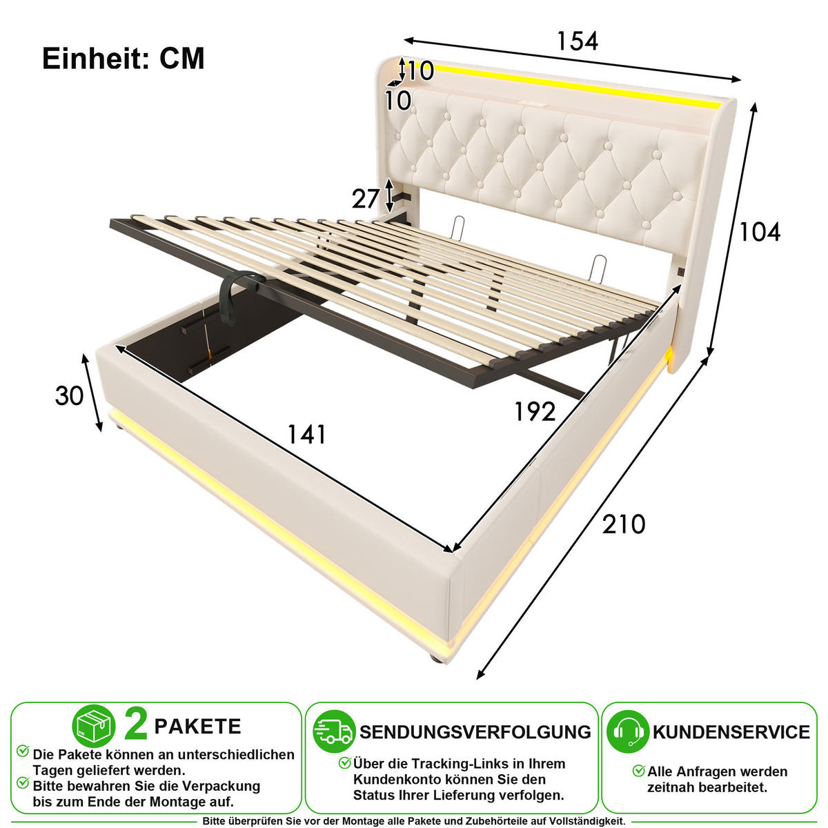 POLSTERBETT 140/190 cm in Weiß mit Bettkasten, LED, USB und Type-C Kunstleder - Weiß, Holzwerkstoff/Textil (140/190cm) - CHICFURN