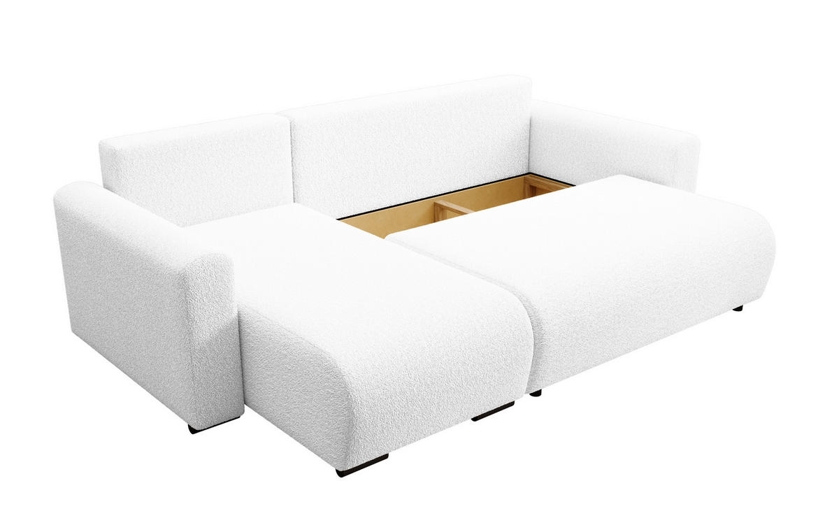 ECKSOFA DORA L, Eckcouch in L-Form mit Schlaffunktion und Bettkasten, Farbe: Weiß, Bouclé-Stoff, Ottomane Links - Weiß, Textil (240/143cm) - Storez24