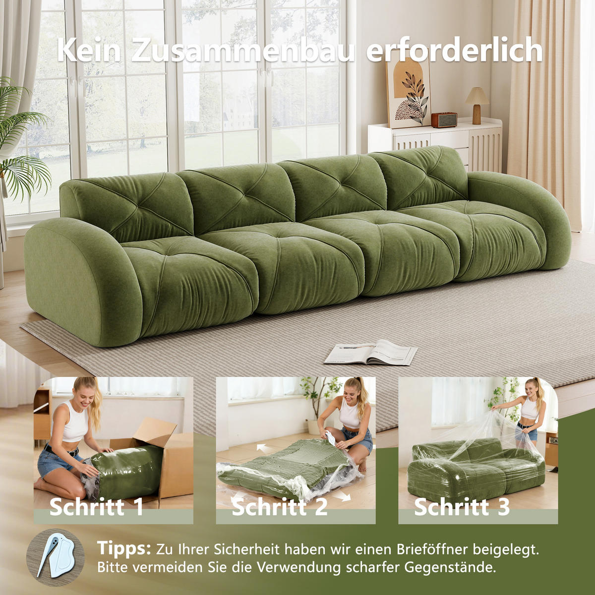 4-SITZER SOFA Chenille Grün - Grün, Textil (358/76/95cm) - WISHDOR