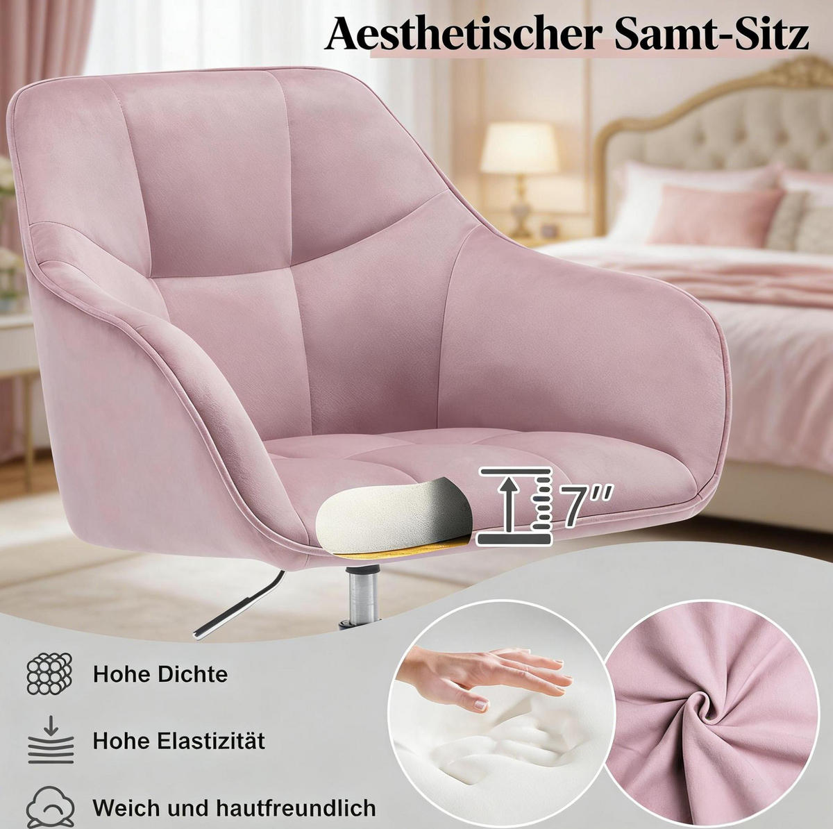 BÜROSTUHL höhenverstellbar drehbar Samt Pink - Pink, Metall (40.5/40/61cm) - Meubliv
