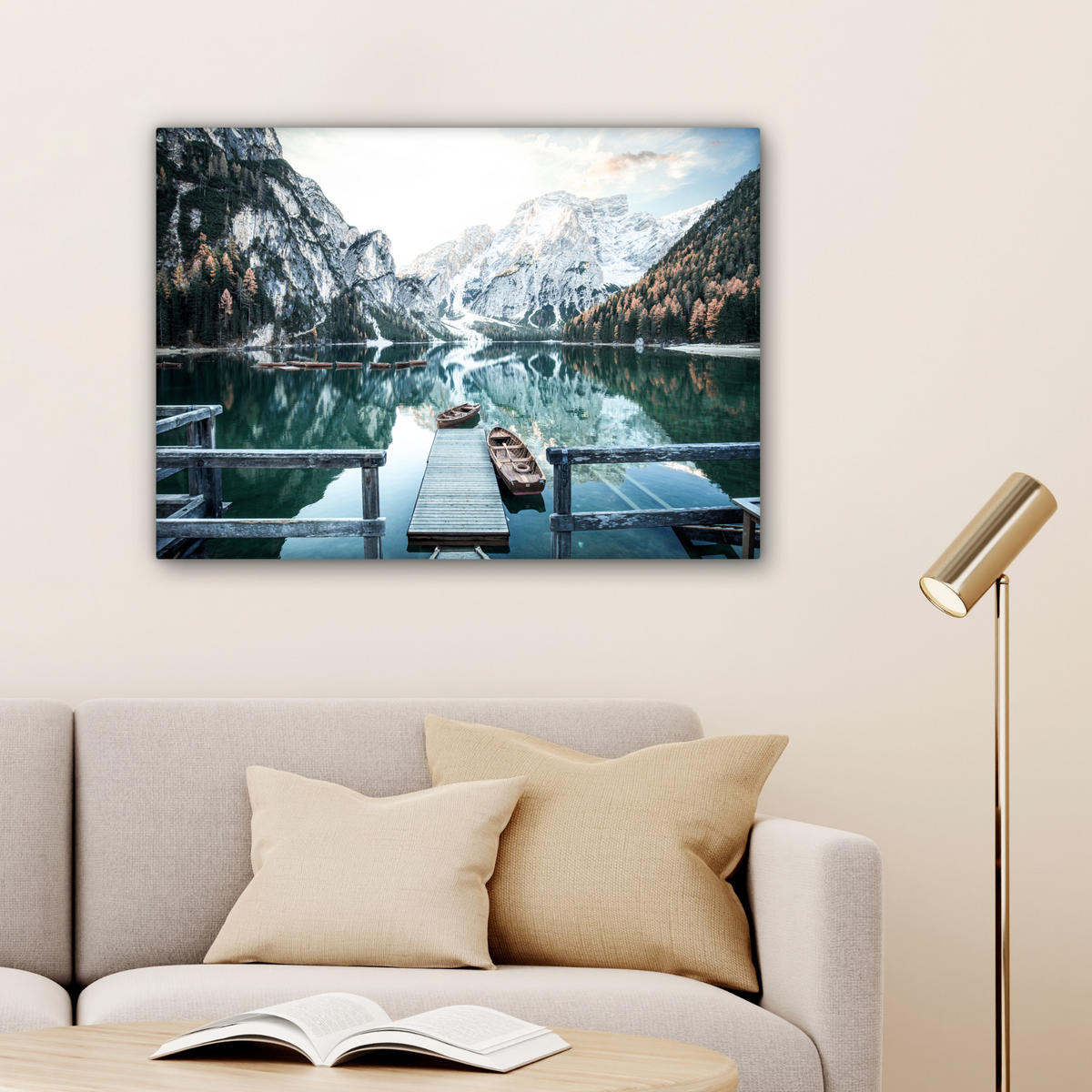 LEINWANDBILD Natur - Berge - Schnee - Wald - Boot Wandbilder 80x60 cm - Hellgrün, Textil (80/60cm) - MuchoWow