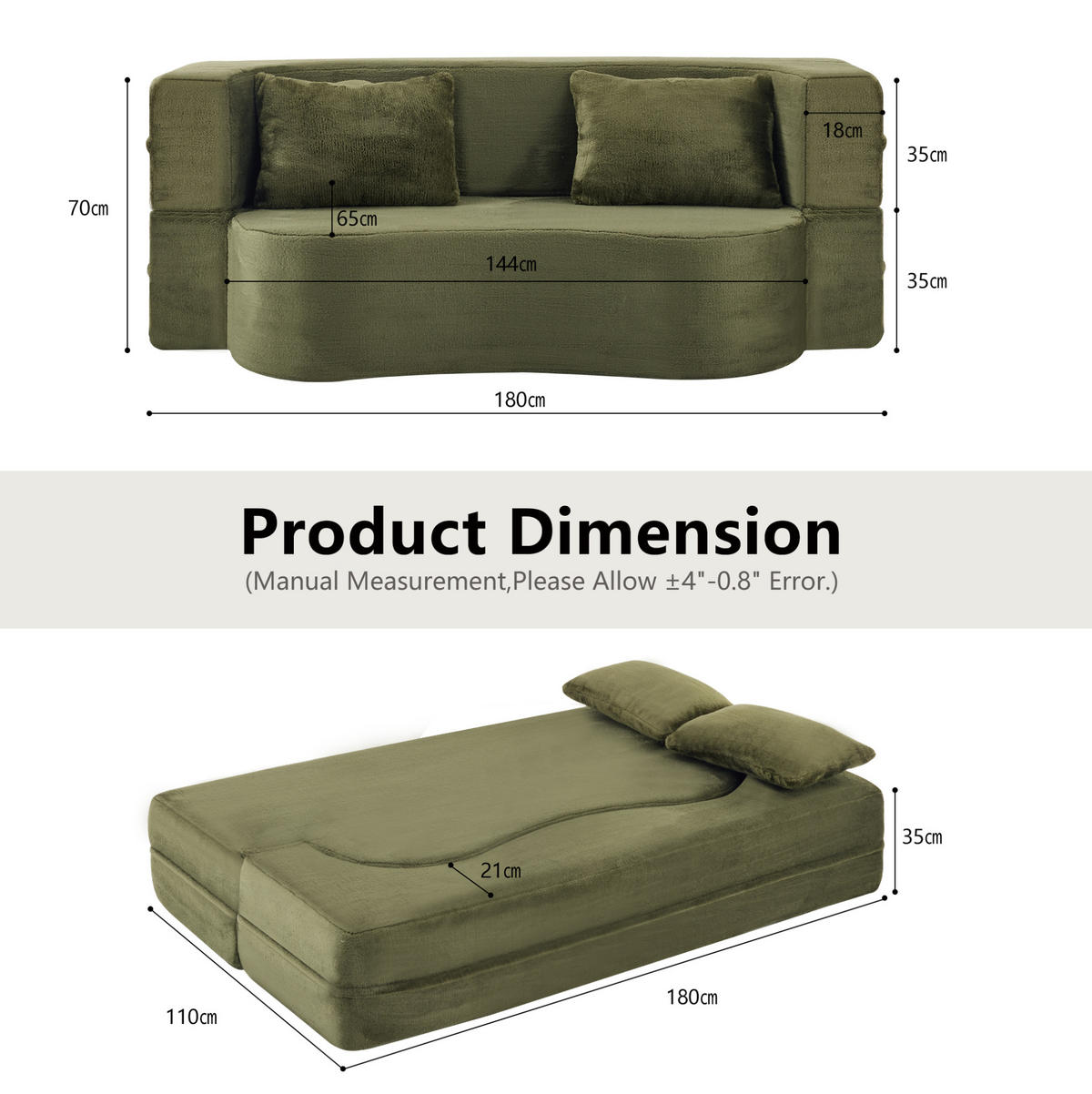 SCHLAFSOFA 2-in-1 faltbar Grün mit 2 Kissen - Grün, Kunststoff (180/70/55cm) - Meubliv