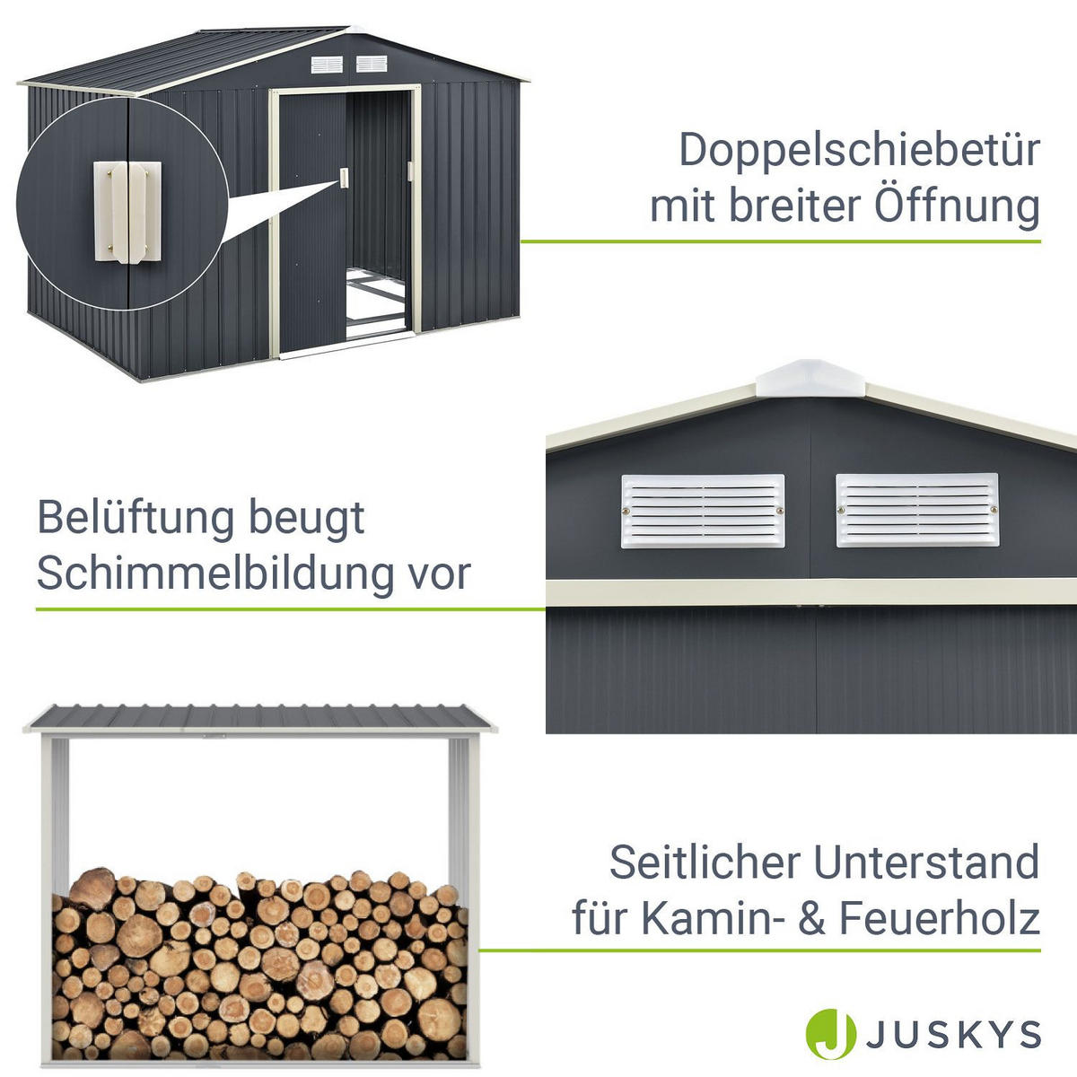 GERÄTESCHUPPEN XL mit Holzunterstand - Anthrazit, Metall (277/192/191cm) - Juskys
