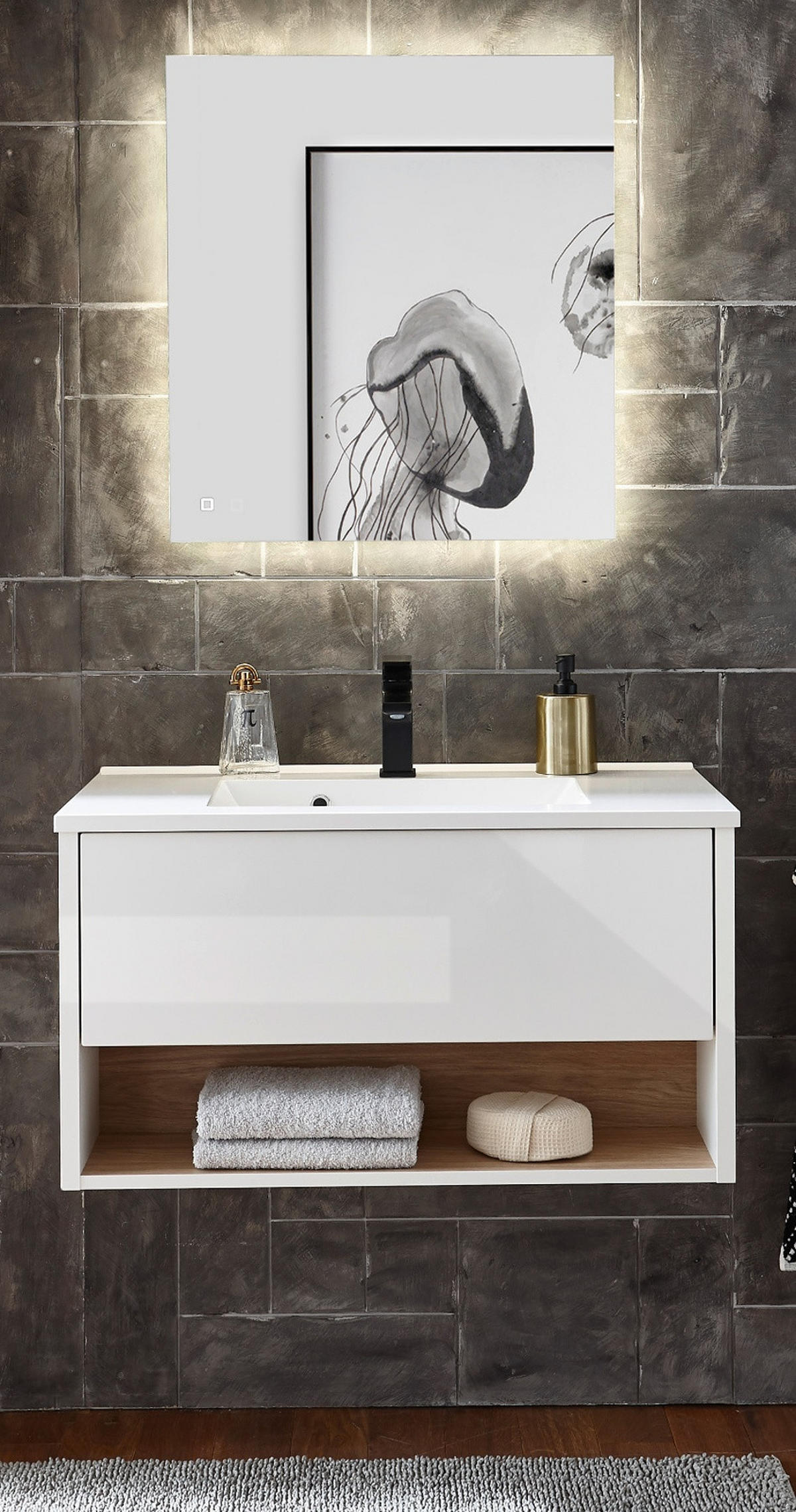 BADMÖBEL Set in weiß Hochglanz und Eiche mit Waschbecken und LED Beleuchtung 80 x 190 cm Glide - Weiß Hochglanz/Eichefarben, Glas/Holzwerkstoff (80/190/47cm) - Furn.Design