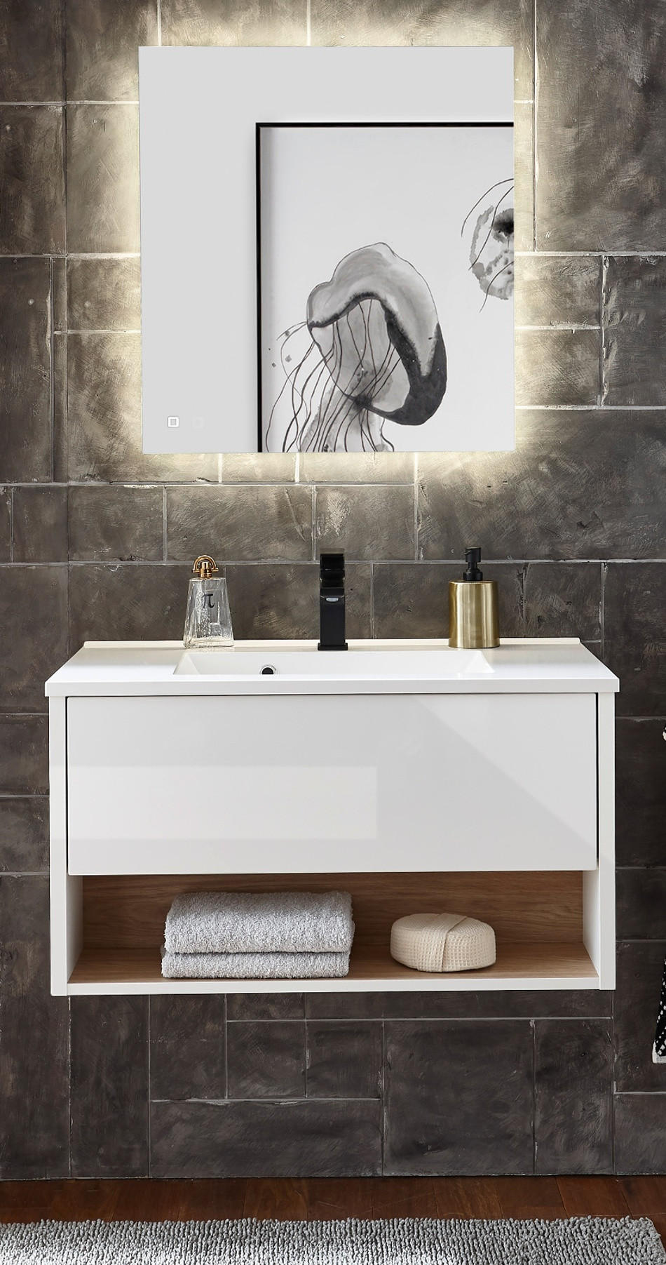 Furn.Design BADMÖBEL-SET Weiß Hochglanz, Eiche 80cm × 47cm × 190cm