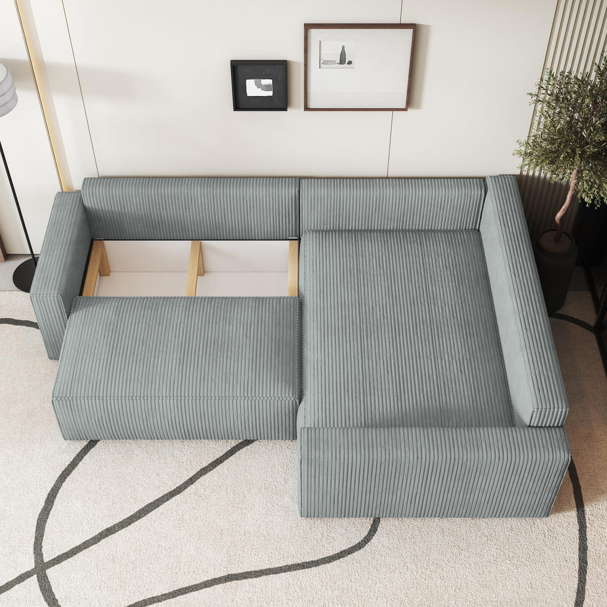 ECKSOFA ERONIS R-S Schwarz Kordstoff mit Schlaffunktion - Schwarz, Holz (265/194cm) - MASSENO