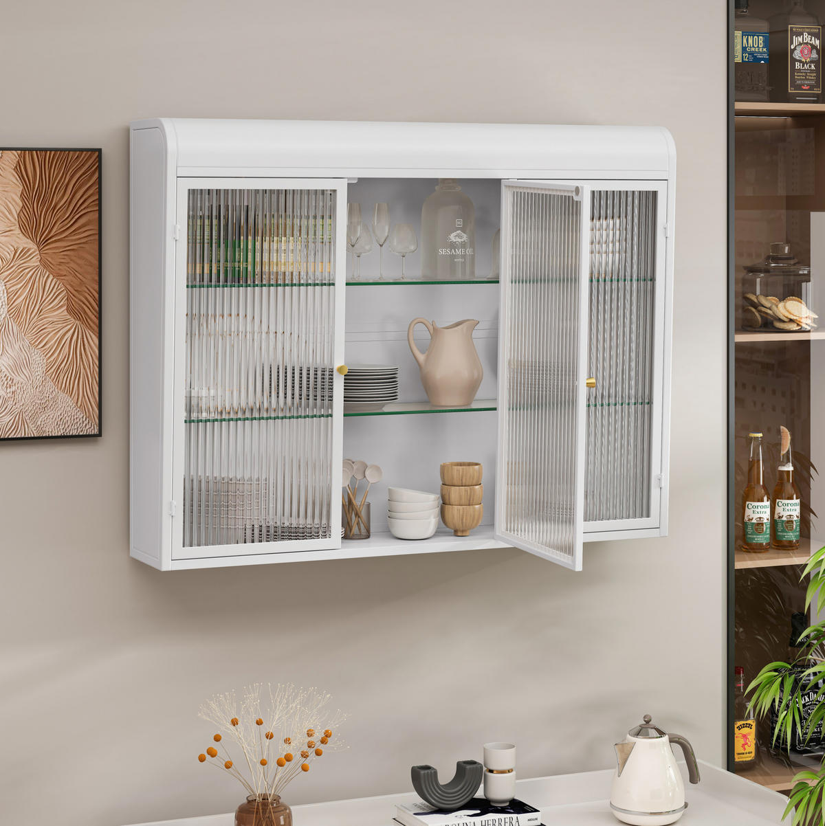 KÜCHENOBERSCHRANK 90x70 cm Weiß aus Glas & Metall Mit 3 Türen & 28kg Tragkraft - Weiß, Glas (90/70/19.5cm) - Modfu