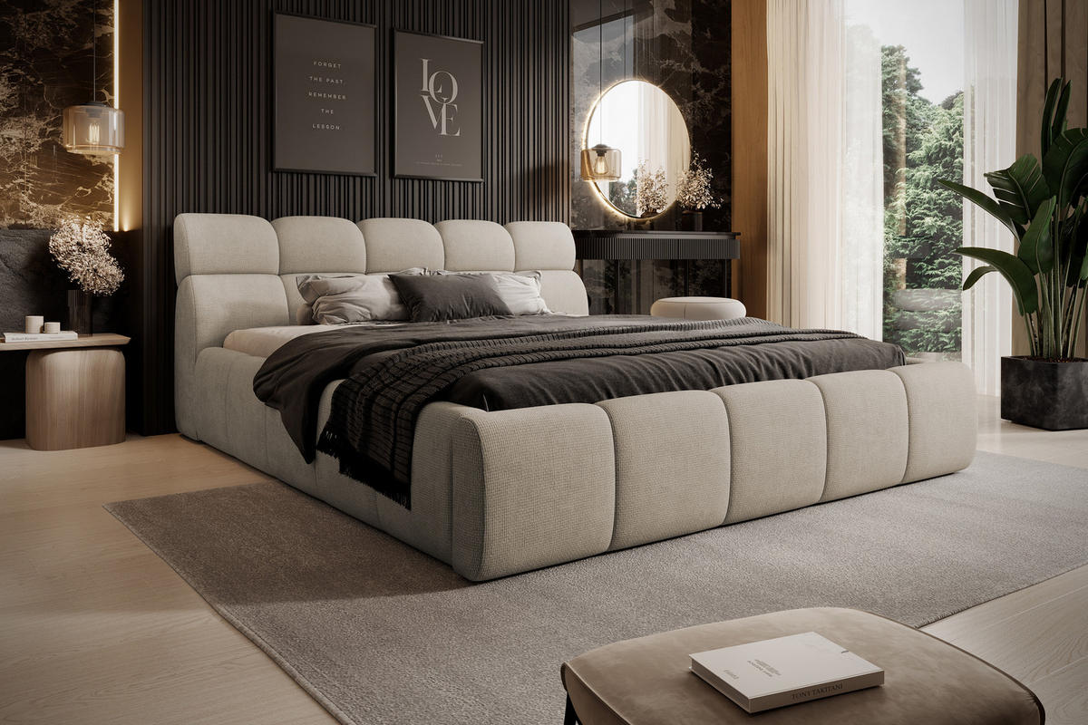 POLSTERBETT GIULIA, komfortabel, mit Bettkasten, verstellbarem Kopfteil und LED, 140x200x96 cm, Farbe Beige - Beige/Schwarz, Holzwerkstoff/Kunststoff (140/200cm) - DomoHome