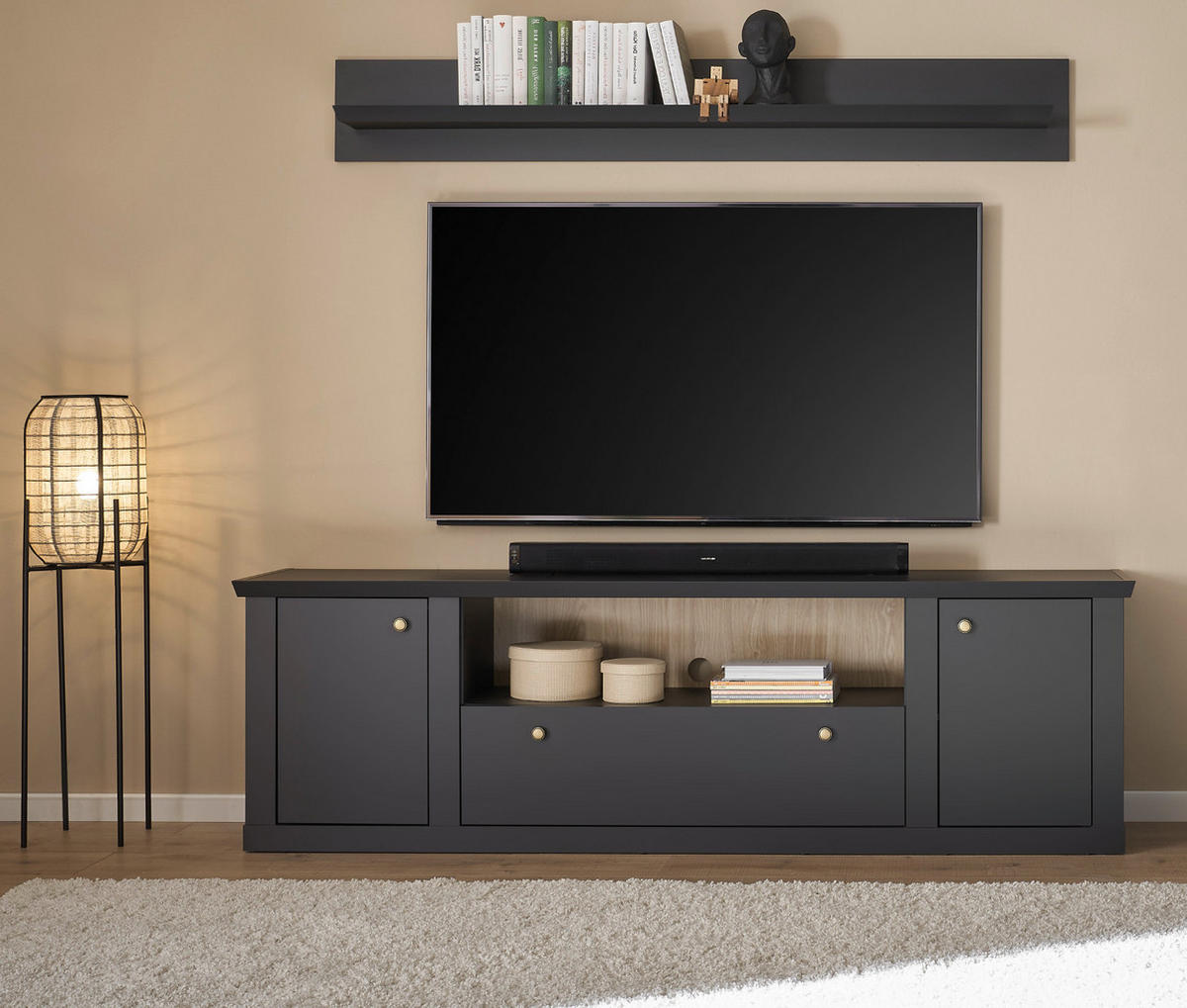TV-LOWBOARD schwarz matt, Eiche Landhaus 205 cm, TV Unterteil mit Soft-Close - Eichefarben/Messingfarben, Holzwerkstoff/Metall (205/62/42cm) - Furn.Design