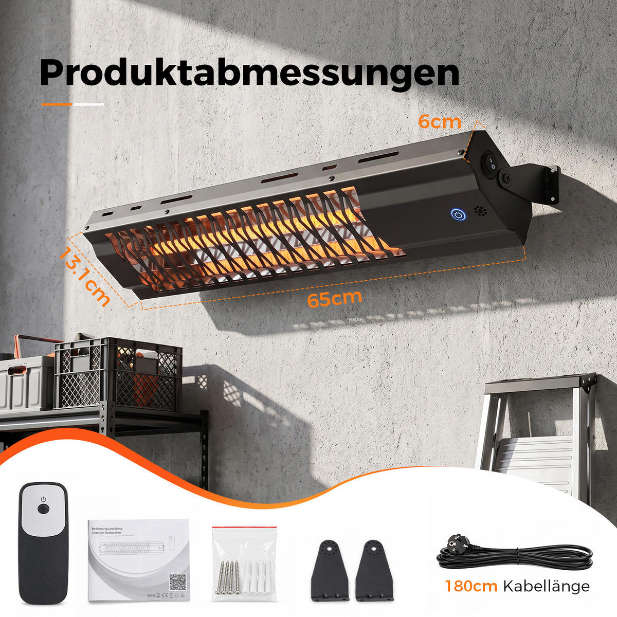 INFRAROTHEIZUNG Quorlen 65/13.1/6 cm - Schwarz, Metall (13.1/6/65cm) - ZMH