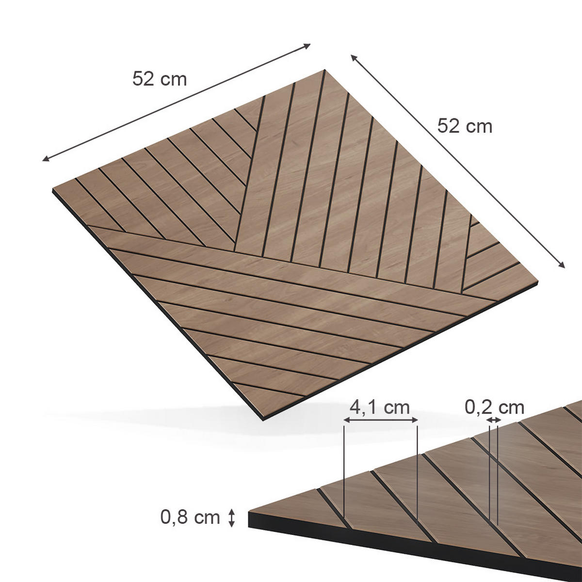 WANDPANEEL Eiche 4 Stück, Rechts - Eichefarben, Holzwerkstoff (52/52/0.8cm) - Vicco