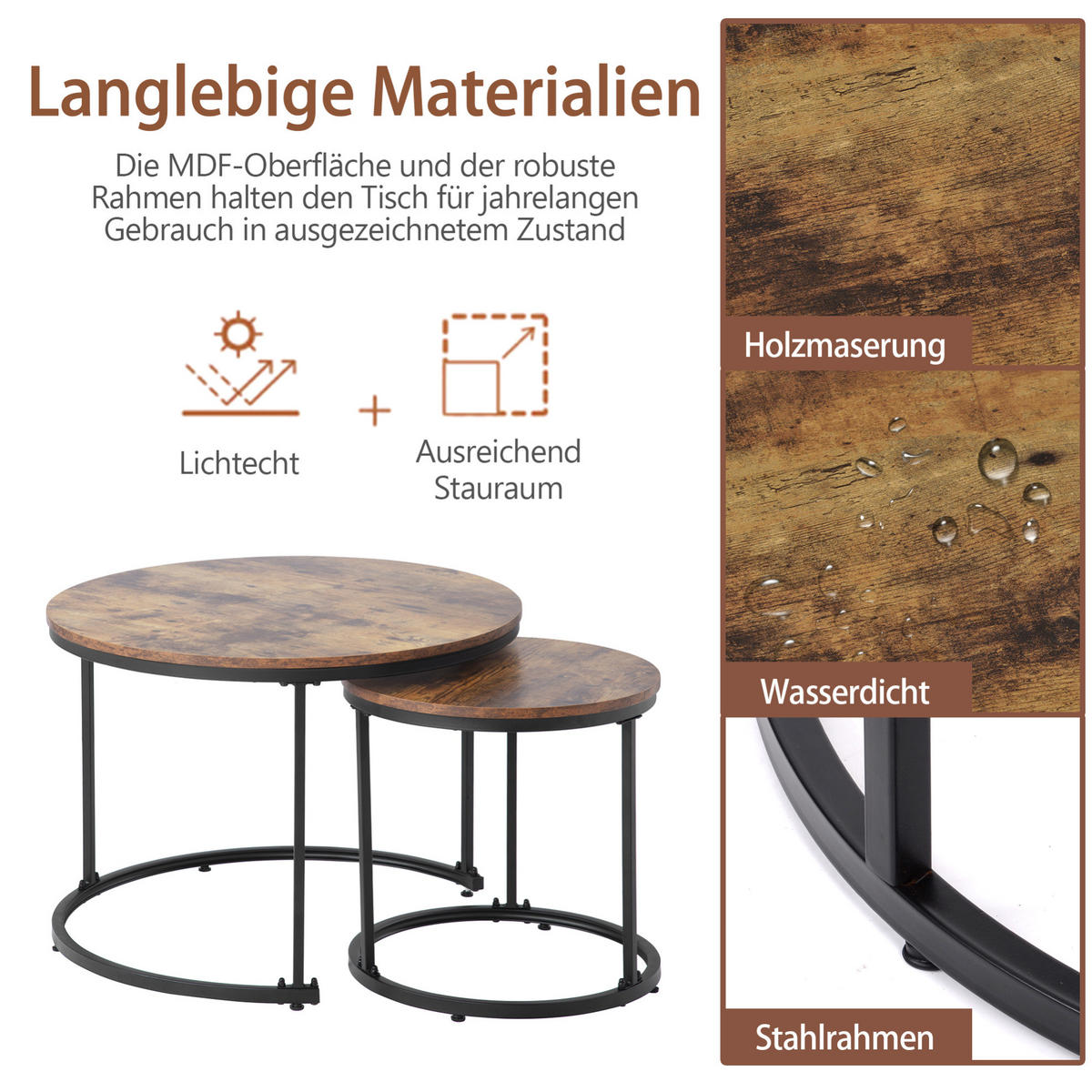 COUCHTISCH-SET 70,5/45,5 cm, Nesting-Tisch-Set aus MDF und Metall in Braun - Braun, Holzwerkstoff (70.5/70.5/50cm) - BEAOK