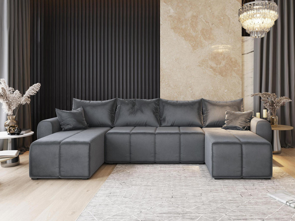 WOHNLANDSCHAFT MADISON U Grau Plüsch-Stoff mit Schlaffunktion - Grau, Holz (311/82/145cm) - MASSENO