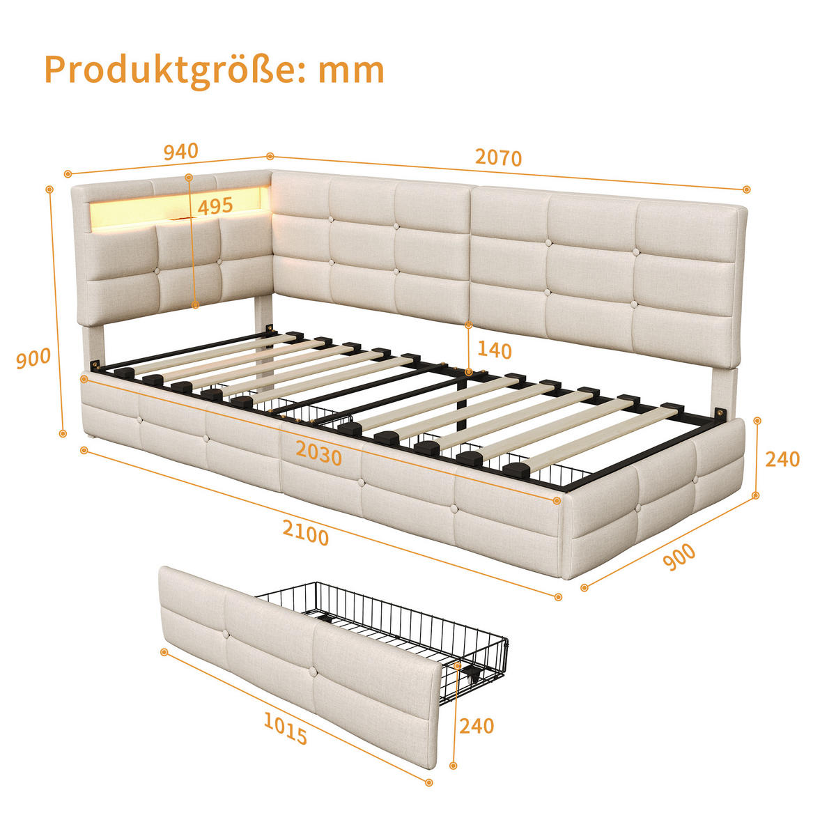BETT 90x200 cm mit L-förmigem Kopfteil, 2 Schubladen, USB-Ladeanschluss, LED-Licht, Leinenstoff, Beige - Beige, Holz (90/200cm) - BRILVERDE