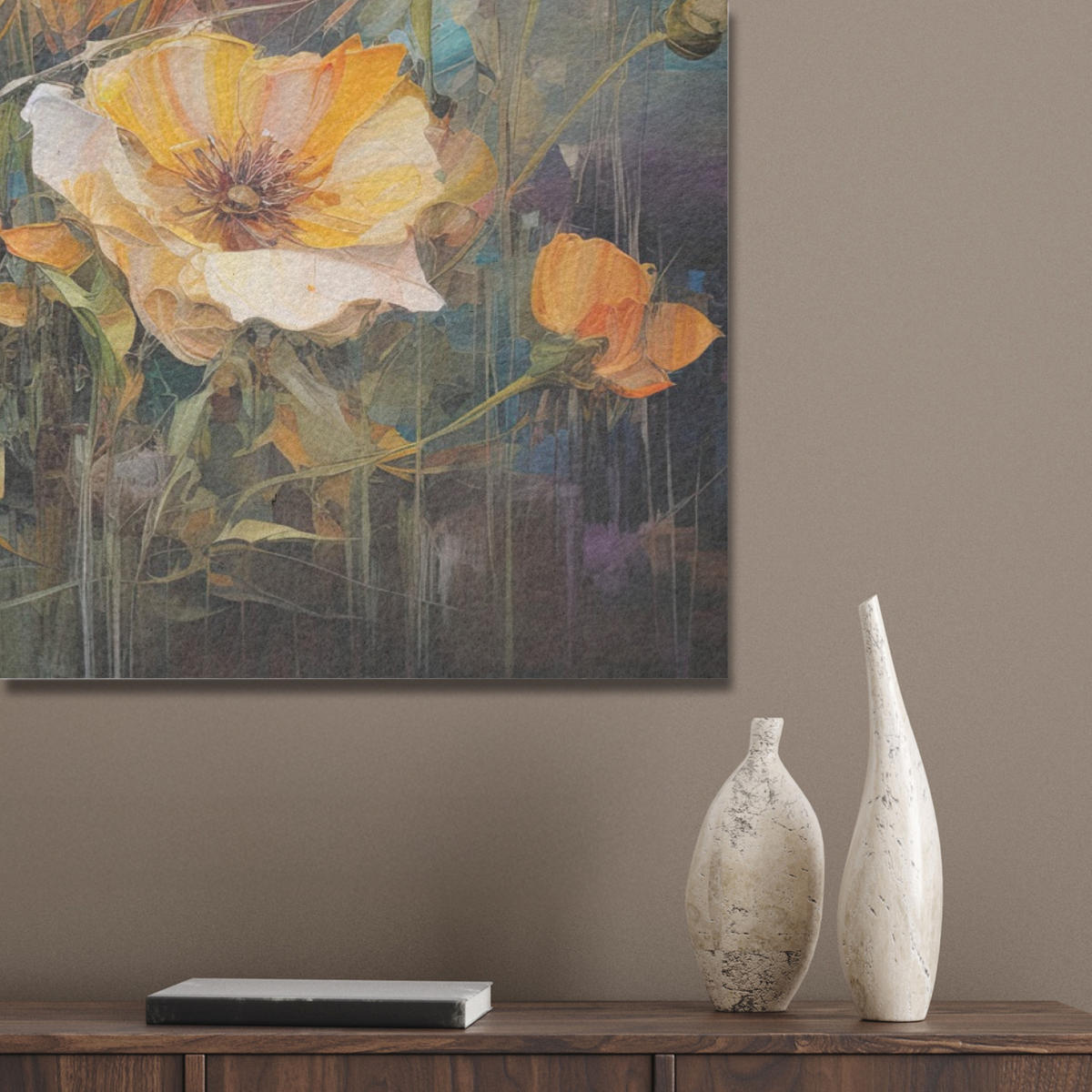 AKUSTIKPANEEL Blumen - Aquarell - Kunst - Botanisch - Natur 100x70 cm - Orange, Textil (100/0.9/70cm) - MuchoWow