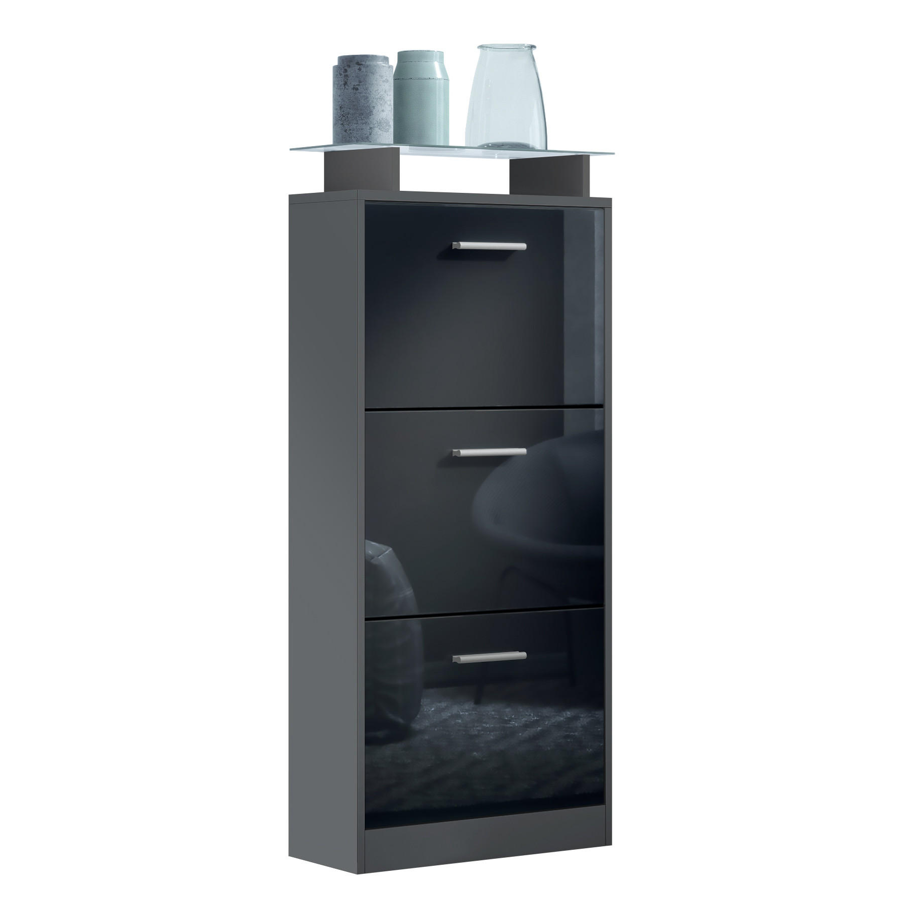 SCHUHSCHRANK Lavia Front in Schwarz Hochglanz - Schwarz Hochglanz, Holzwerkstoff (46/128/23cm) - Vladon