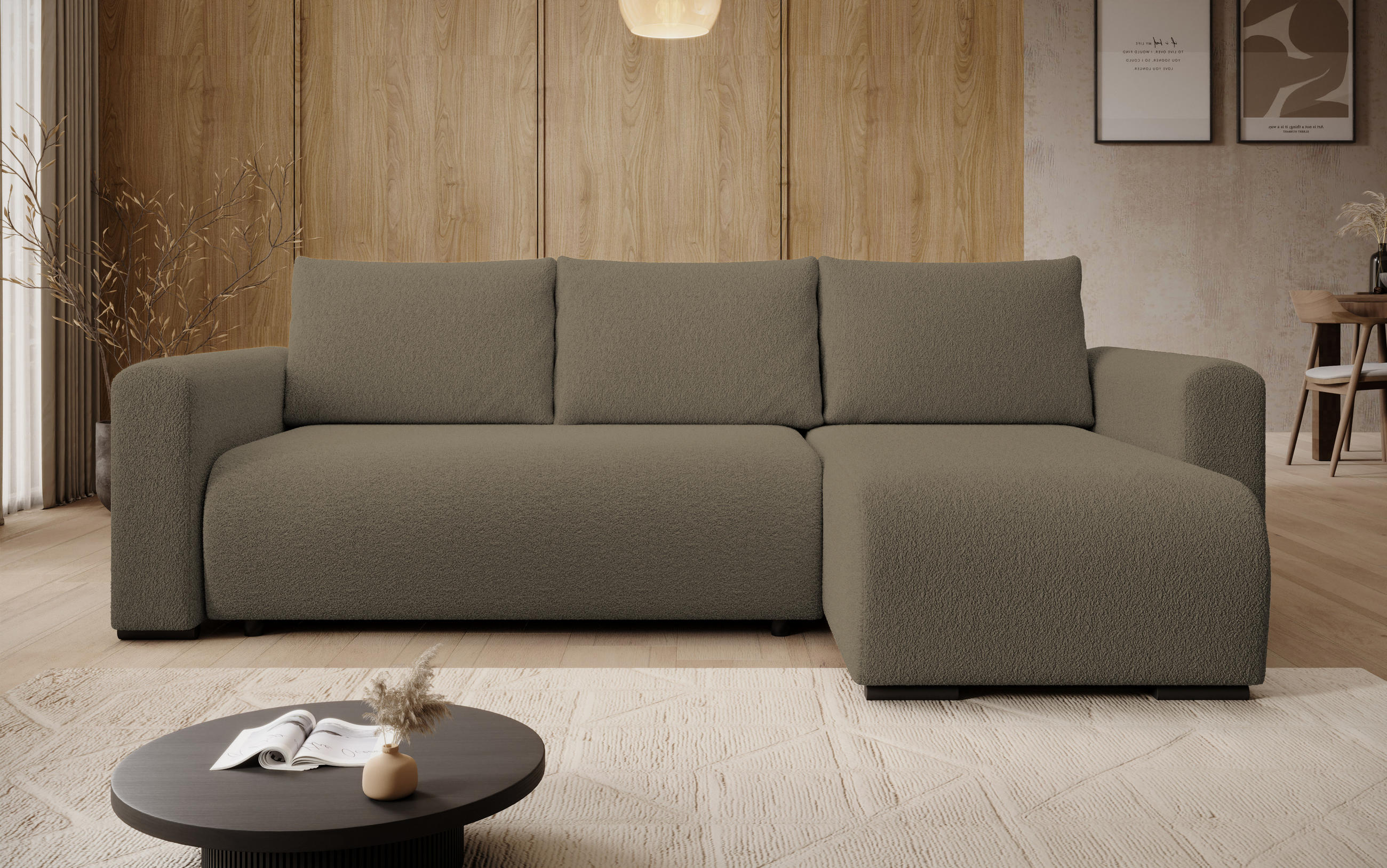 ECKSOFA DORA L, Eckcouch in L-Form mit Schlaffunktion und Bettkasten, Farbe: Cappuccino, Bouclé-Stoff, Ottomane Rechts - Cappuccino, Textil (240/143cm) - Storez24