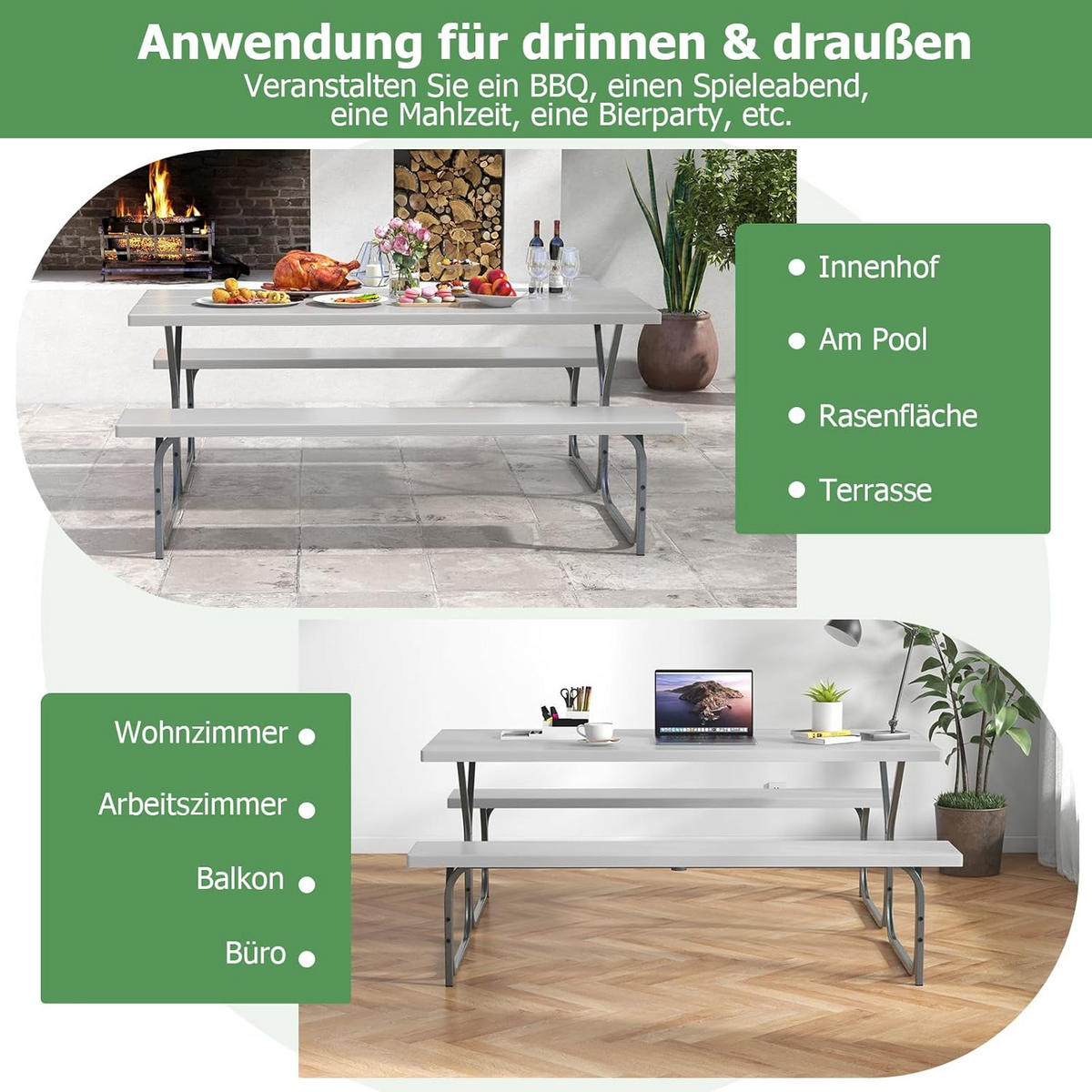 BIERTISCHGARNITUR Grau(3-teilig) - Grau, Holzwerkstoff (161/183/76cm) - COSTWAY