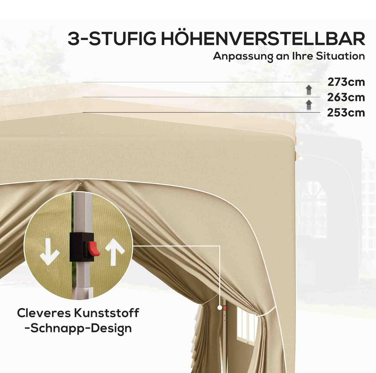FALTPAVILLON 300/300/273 cm mit 4 Seitenteilen, UV-Schutz und höhenverstellbarem Gestell, Sand - Beige, Textil (300/273/300cm) - Redom