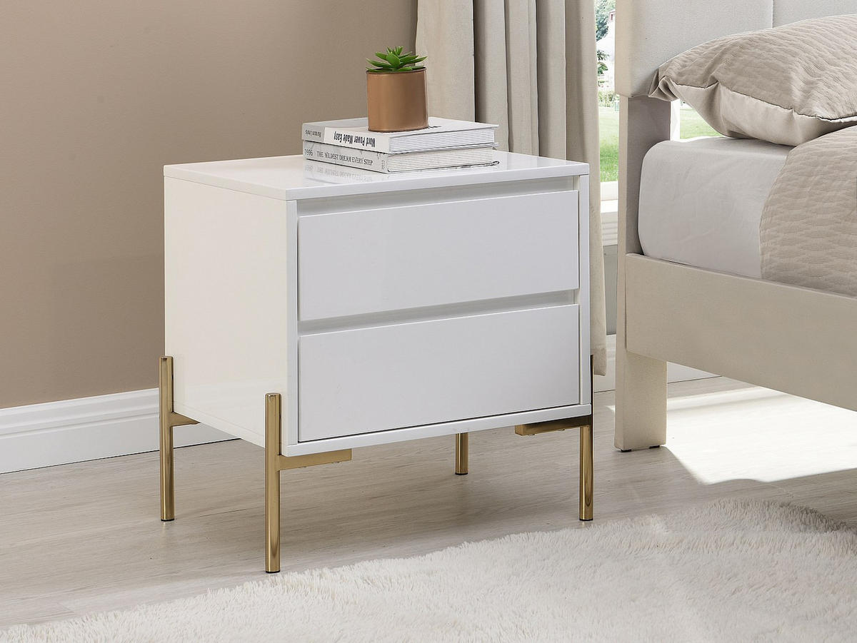 NACHTTISCH mit 2 Schubladen - MDF & Metall - Goldfarben & Weiß lackiert - KORASA - Weiß, Holz (40/50/50cm) - Pascal Morabito