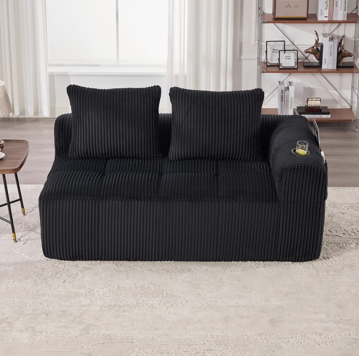 DVOUMÍSTNÁ pohovka 158/93/61 cm černá z manšestru s bočními kapsami a držáky na nápoje - černá, textil (93/61/158cm) - OKWISH