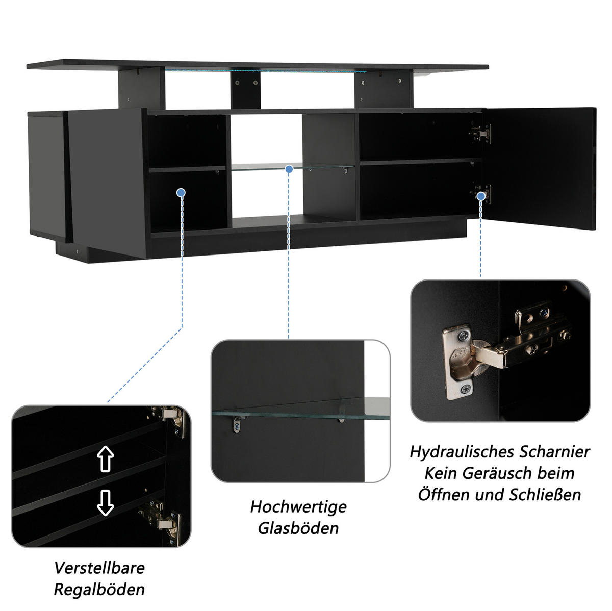 LOWBOARD 140/35/55 cm aus Spanplatte mit App-gesteuerter LED-Beleuchtung Schwarz - Schwarz, Holzwerkstoff (140/55/35cm) - Modenvie
