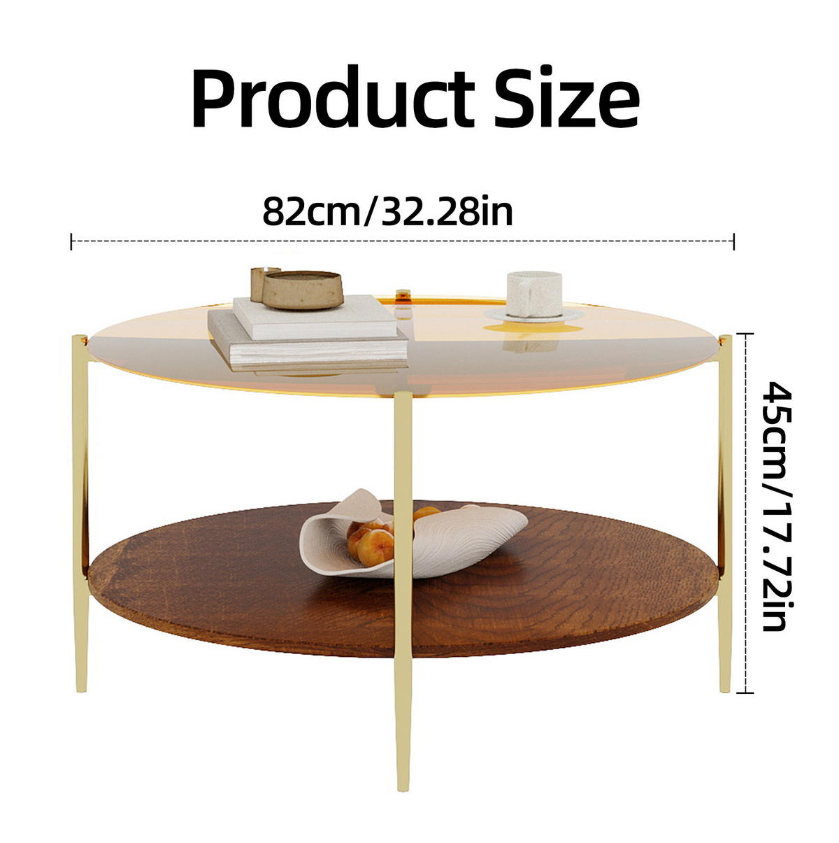 COUCHTISCH aus gehärtetem Glas, Metall und Holz Ø82x45 cm Gold mit Ablagefläche - Goldfarben, Glas (82/82/45cm) - IVMEU