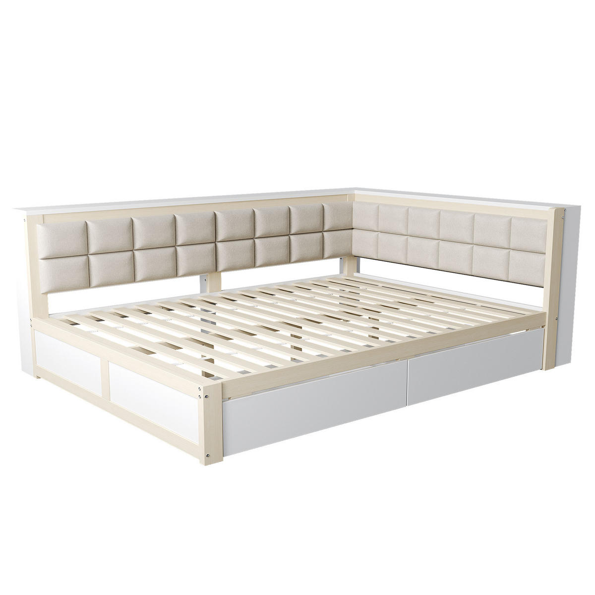 BETT mit weicher Rückenlehne Kiefernholz 140/200 cm mit Stauraum - Weiß, Holz (140/200cm) - OKWISH